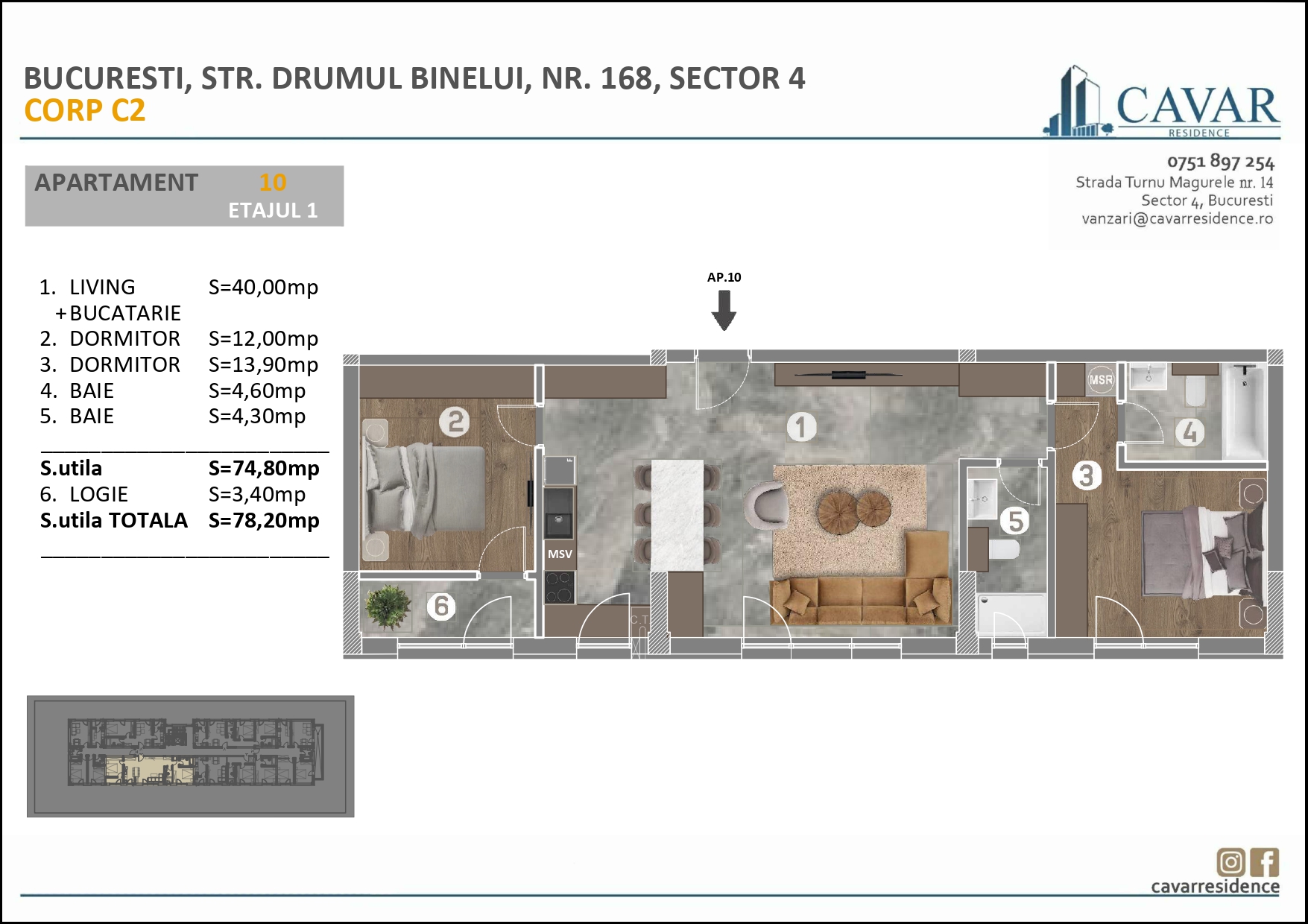 Apartament 3 camere Binelui 168 Corp C2