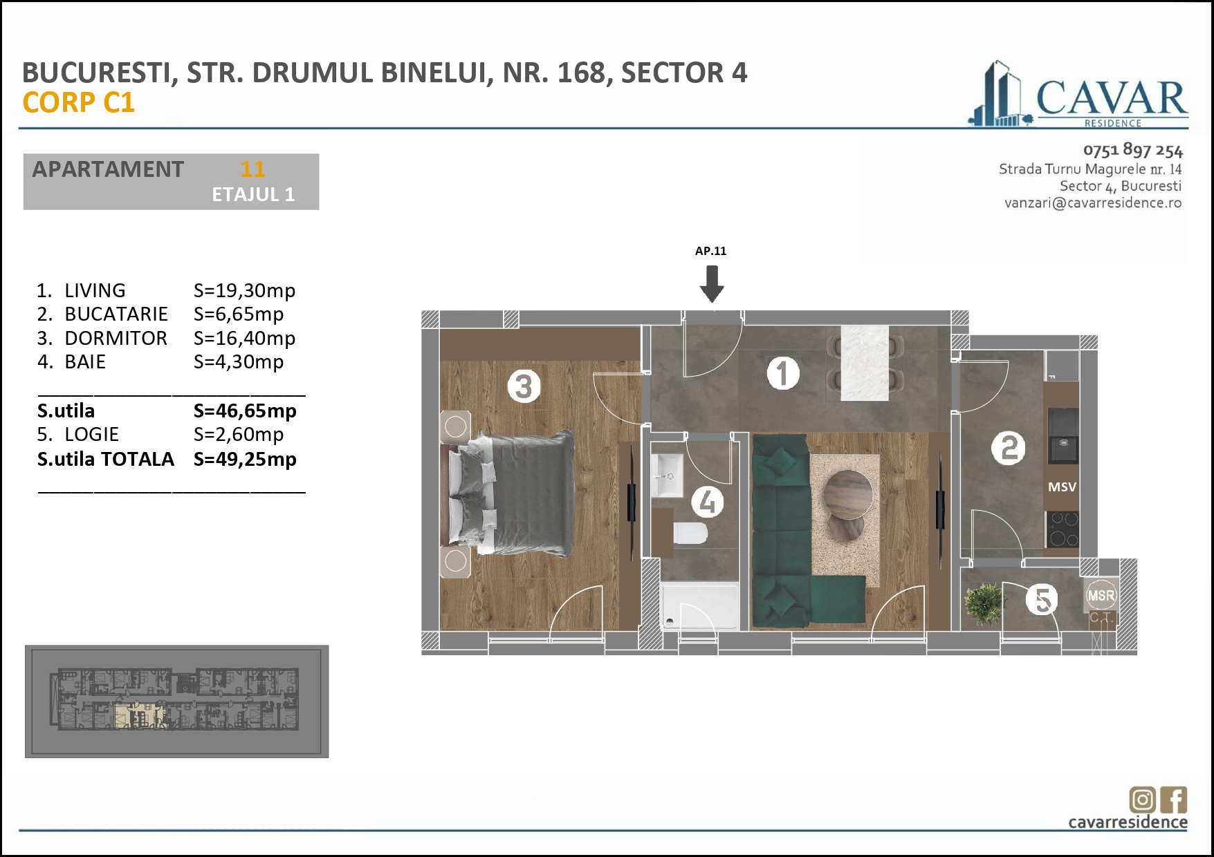 Apartament 2 camere Binelui 168 Corp C1