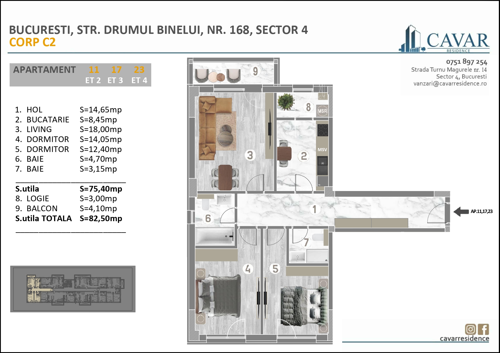 Apartament 3 camere Binelui 168 Corp C2
