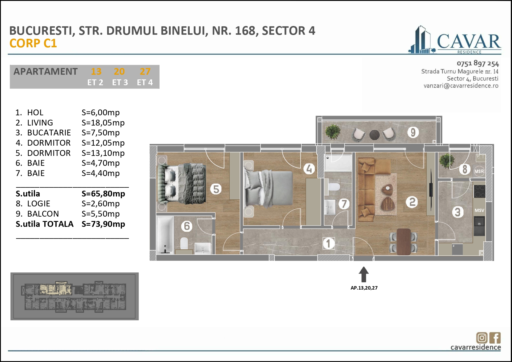 Apartament 3 camere Binelui 168 Corp C1