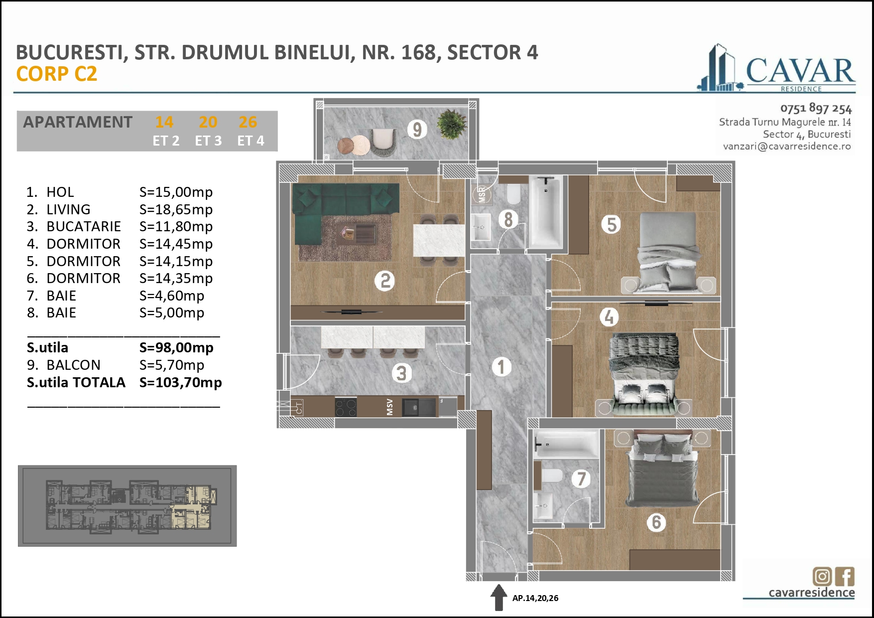 Apartament 4 camere Binelui 168 Corp C2
