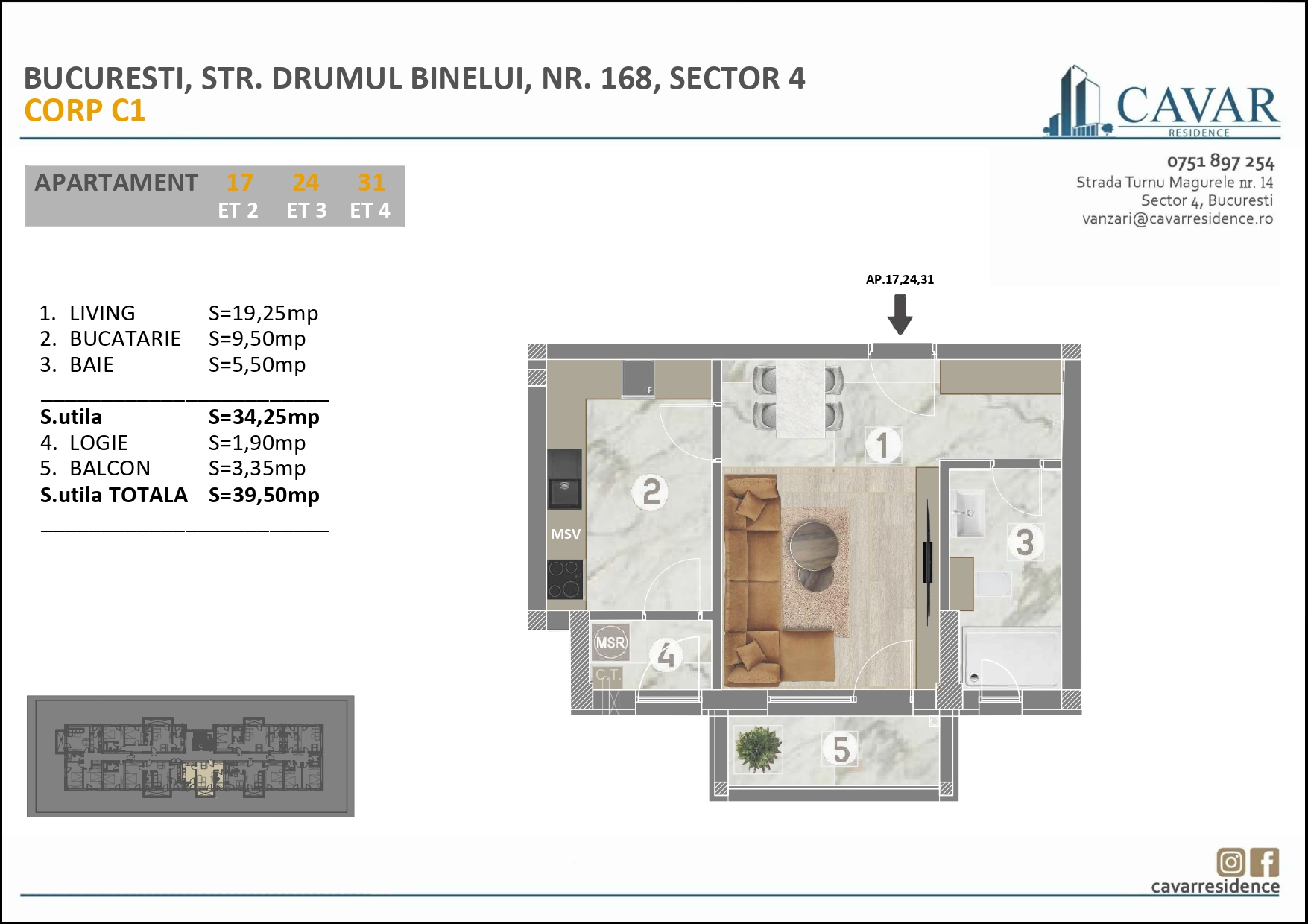 Apartament GARS camere Binelui 168 Corp C1