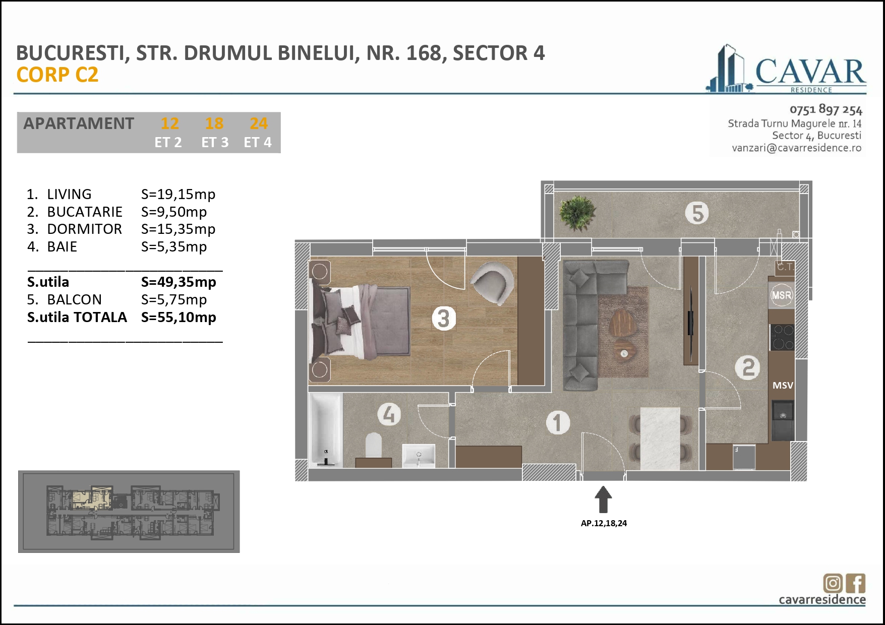 Apartament 2 camere Binelui 168 Corp C2