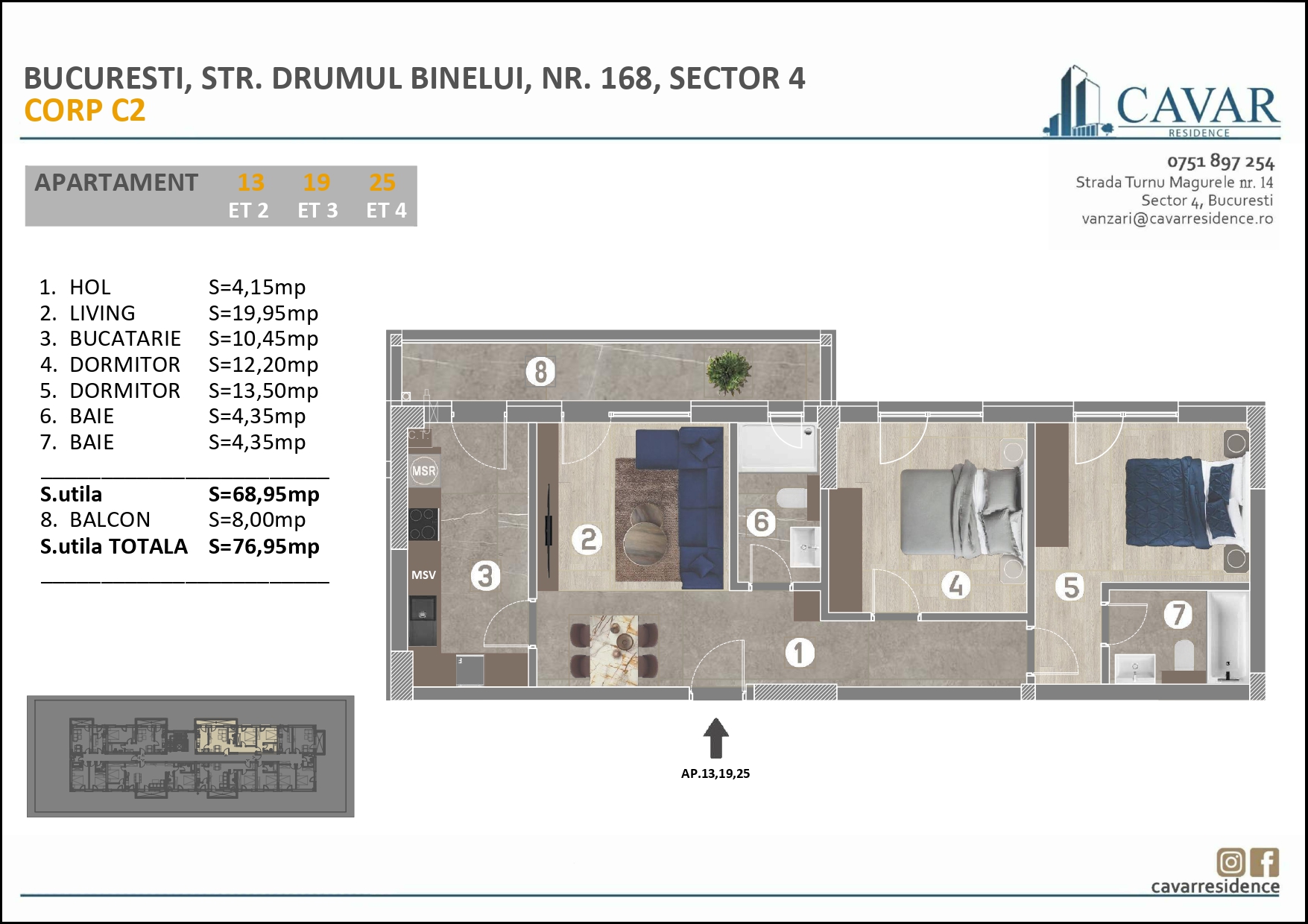 Apartament 3 camere Binelui 168 Corp C2