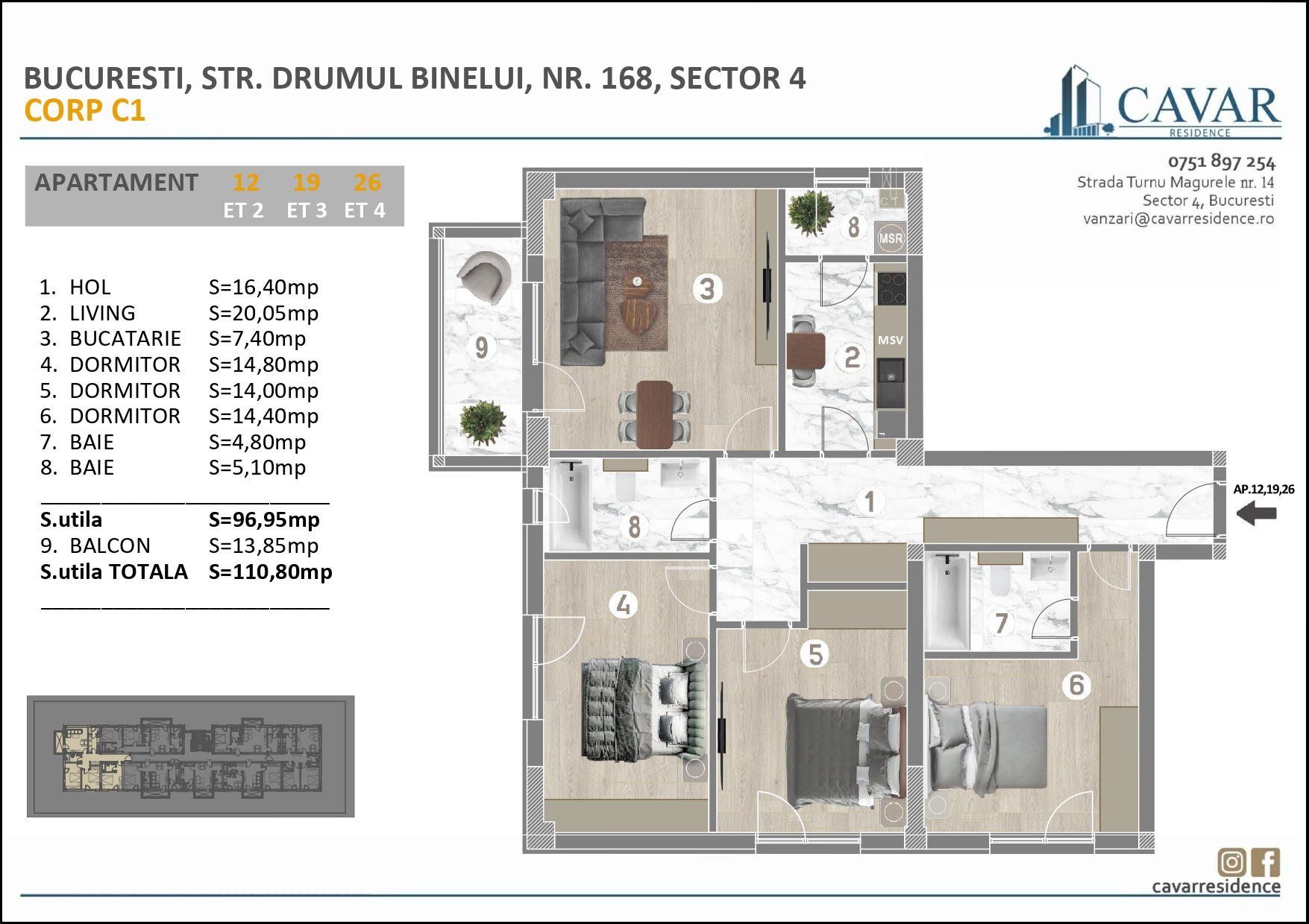 Apartament 4 camere Binelui 168 Corp C1