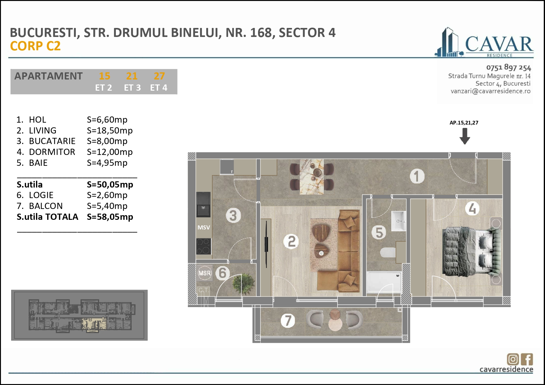 Apartament 2 camere Binelui 168 Corp C2