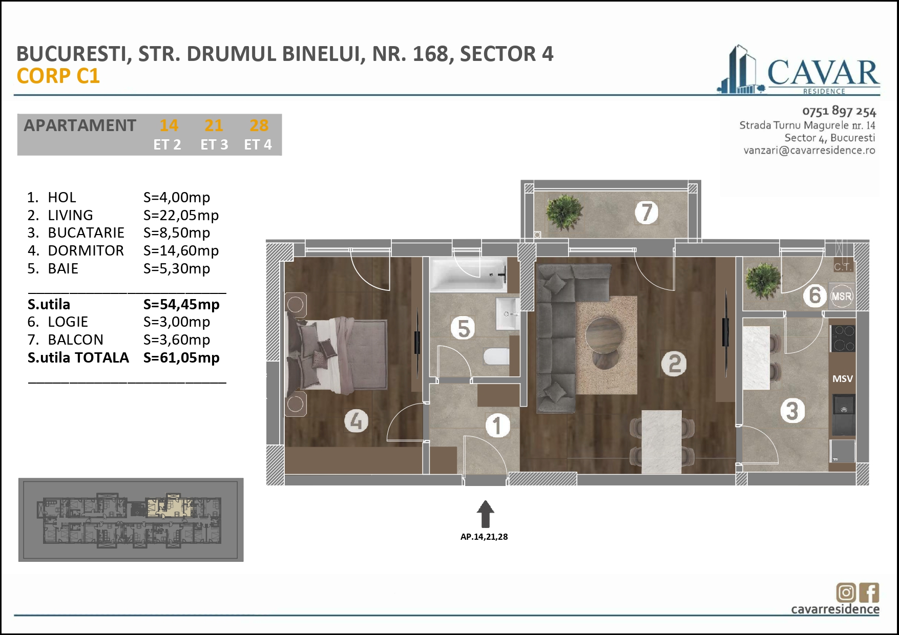 Apartament 2 camere Binelui 168 Corp C1