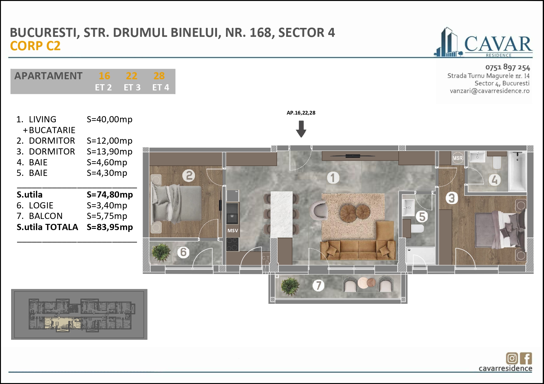 Apartament 3 camere Binelui 168 Corp C2