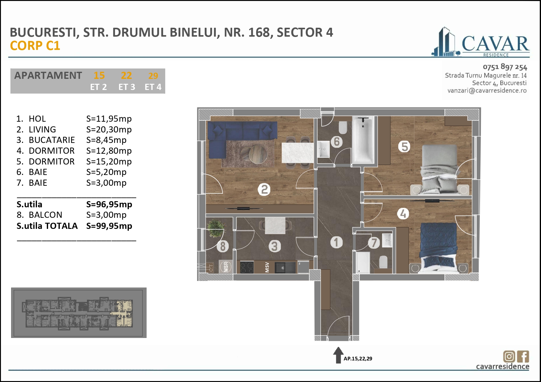 Apartament 3 camere Binelui 168 Corp C1
