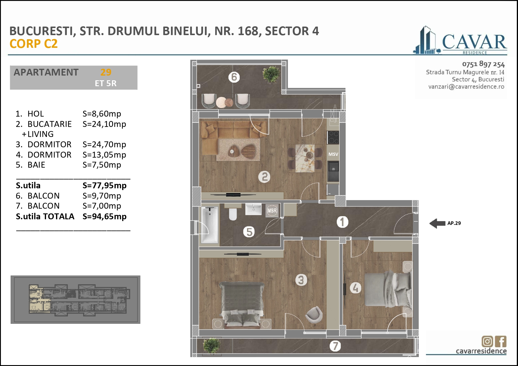 Apartament 3 camere Binelui 168 Corp C2