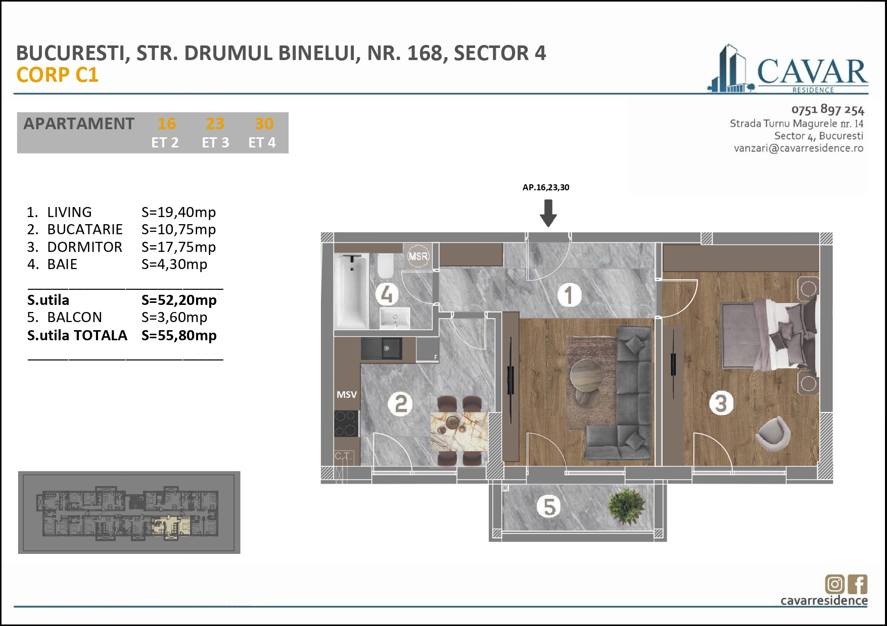 Apartament 2 camere Binelui 168 Corp C1