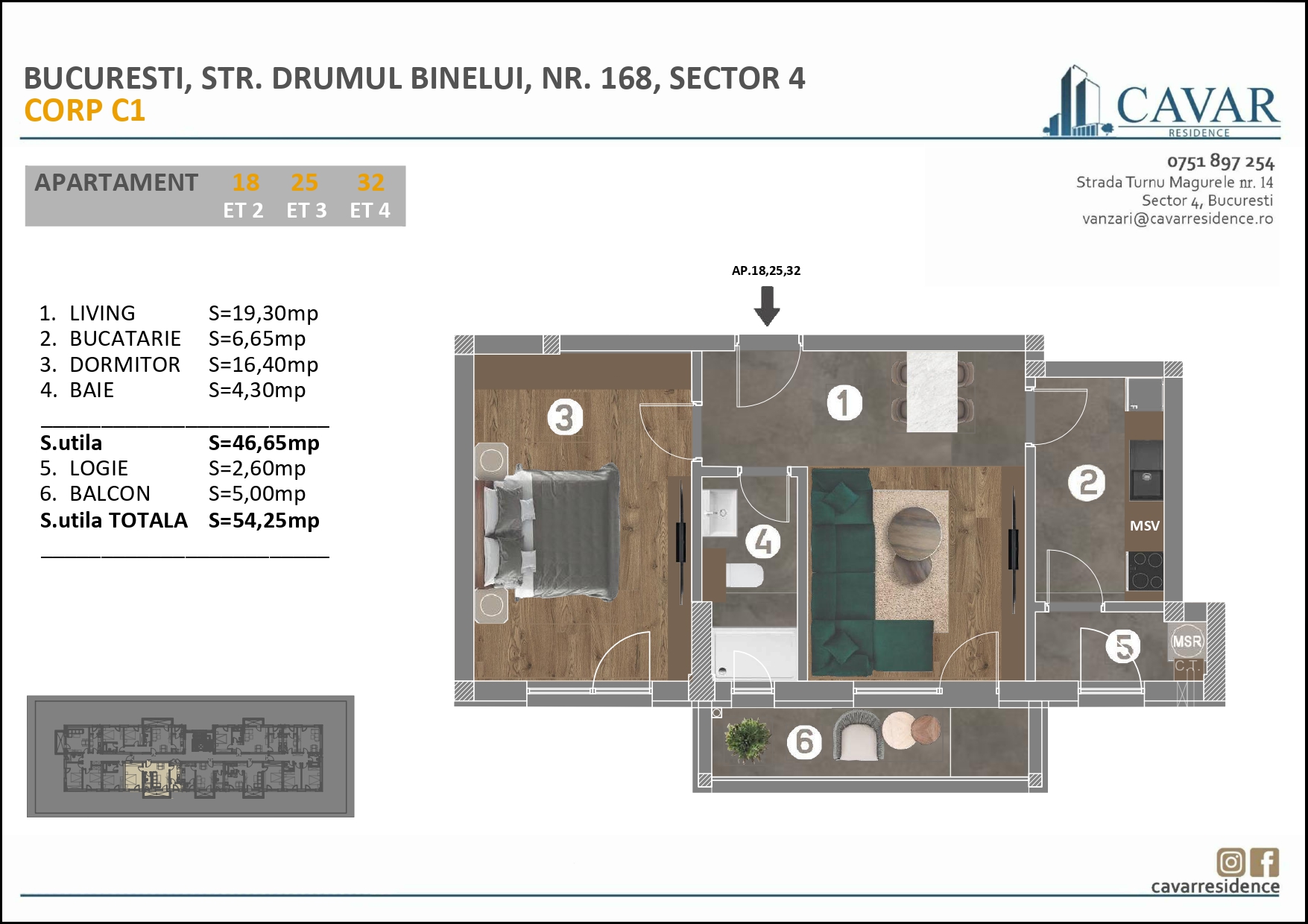 Apartament 2 camere Binelui 168 Corp C1