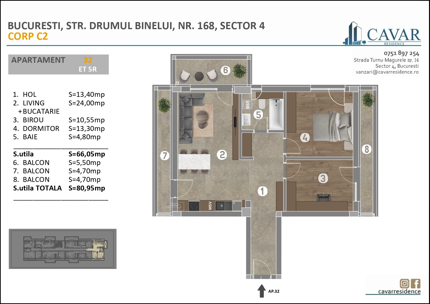 Apartament 3 camere Binelui 168 Corp C2