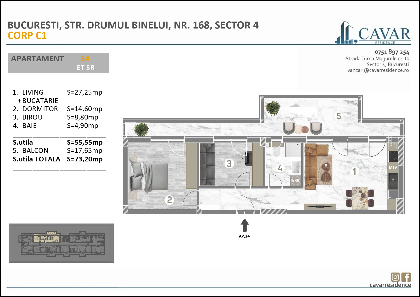 Apartament 2 camere Binelui 168 Corp C1