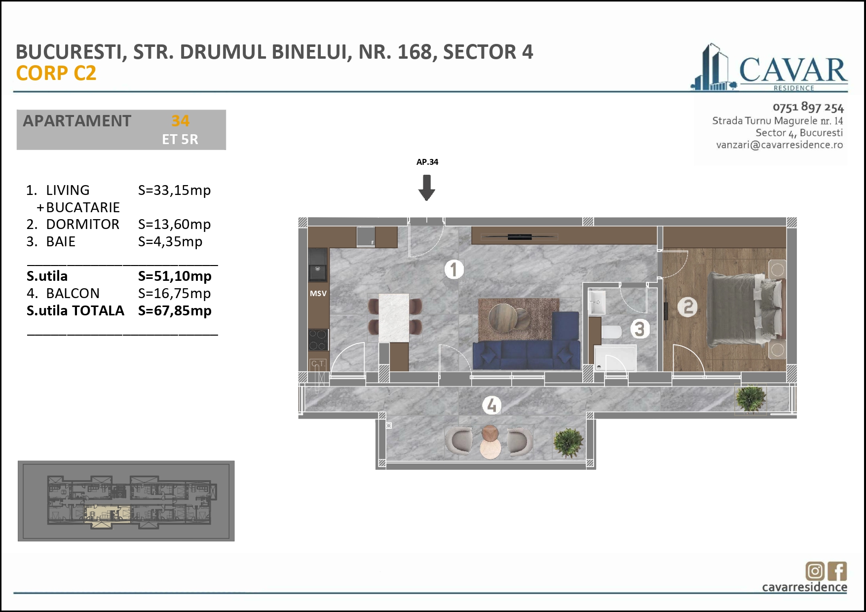 Apartament 2 camere Binelui 168 Corp C2