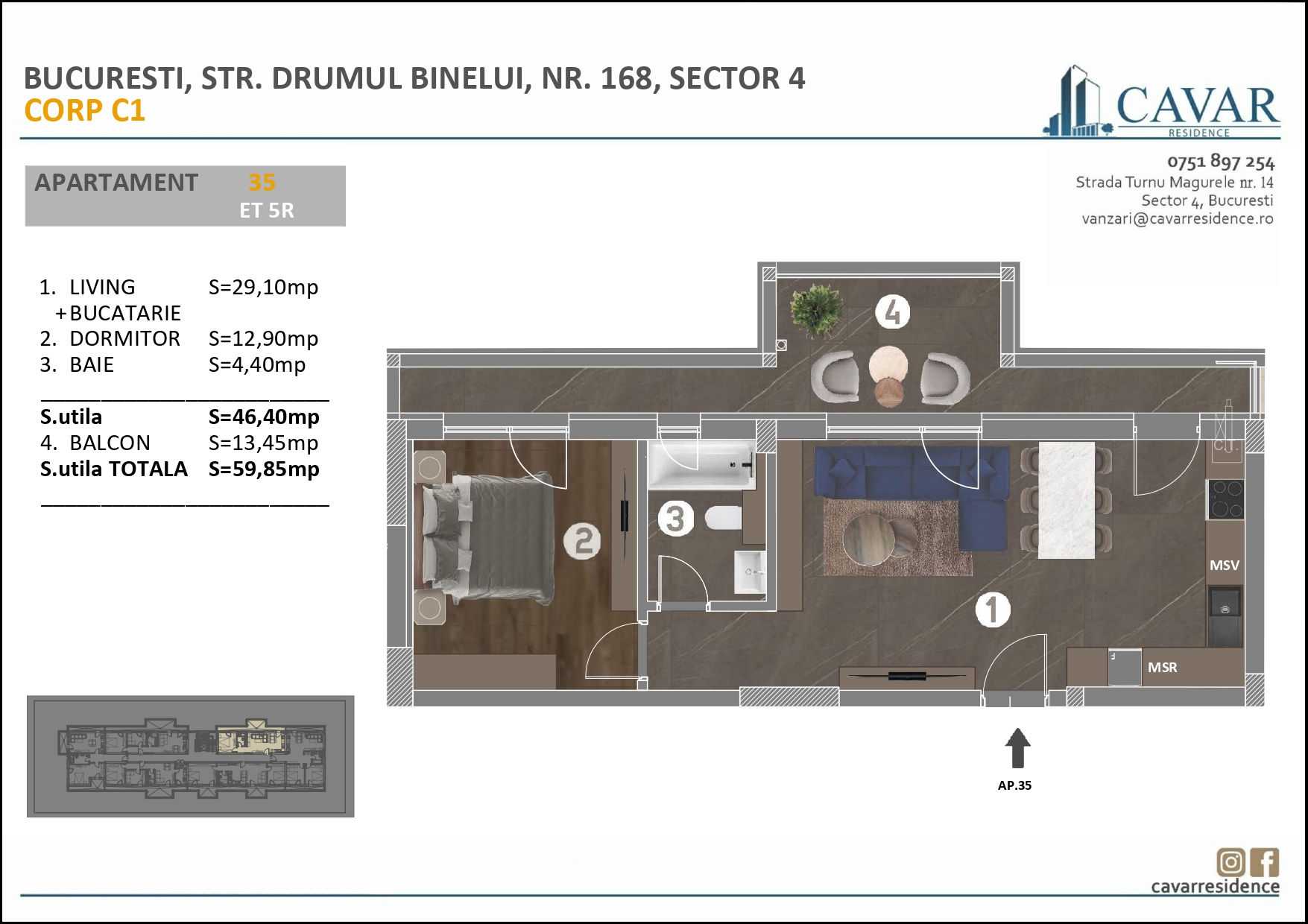 Apartament 2 camere Binelui 168 Corp C1