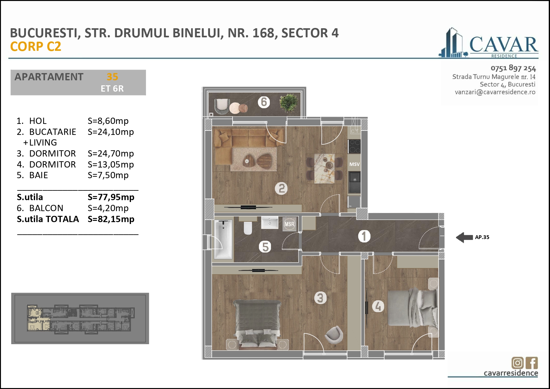 Apartament 3 camere Binelui 168 Corp C2