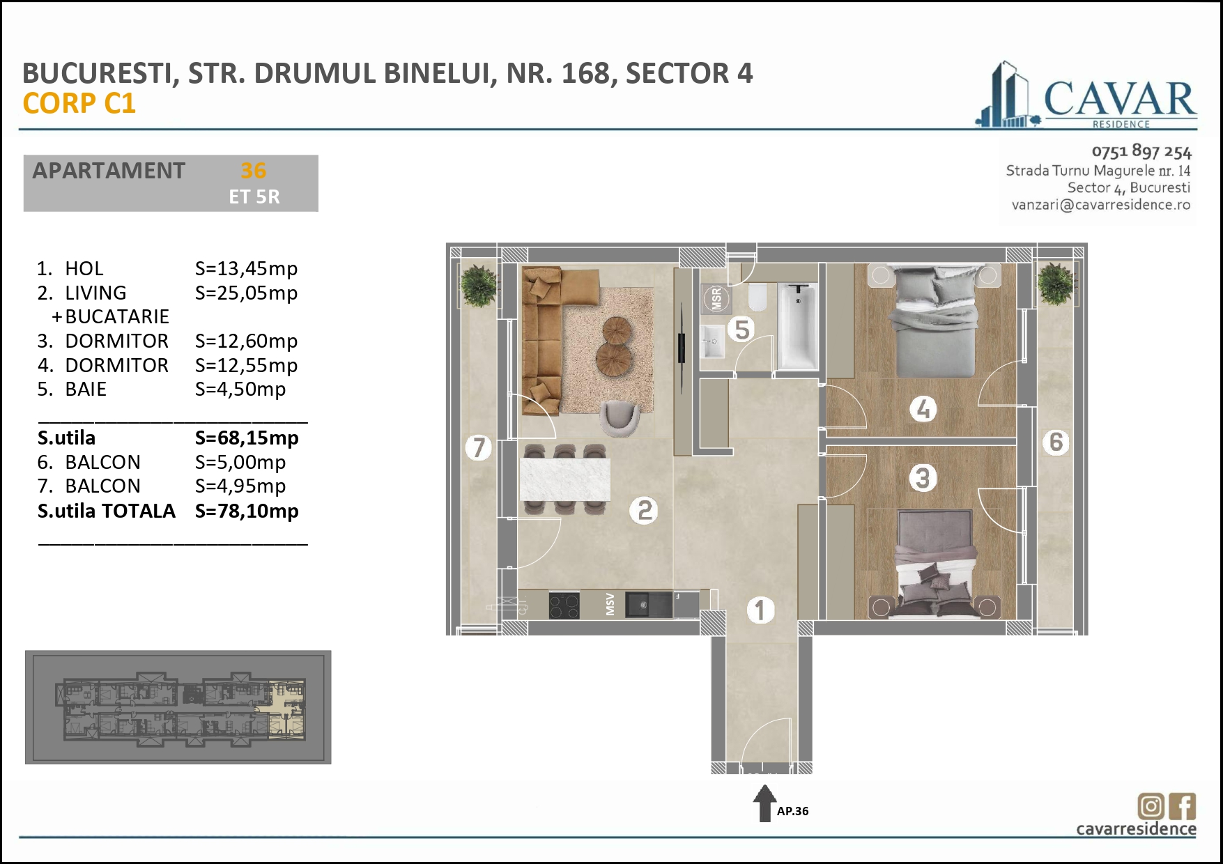 Apartament 3 camere Binelui 168 Corp C1