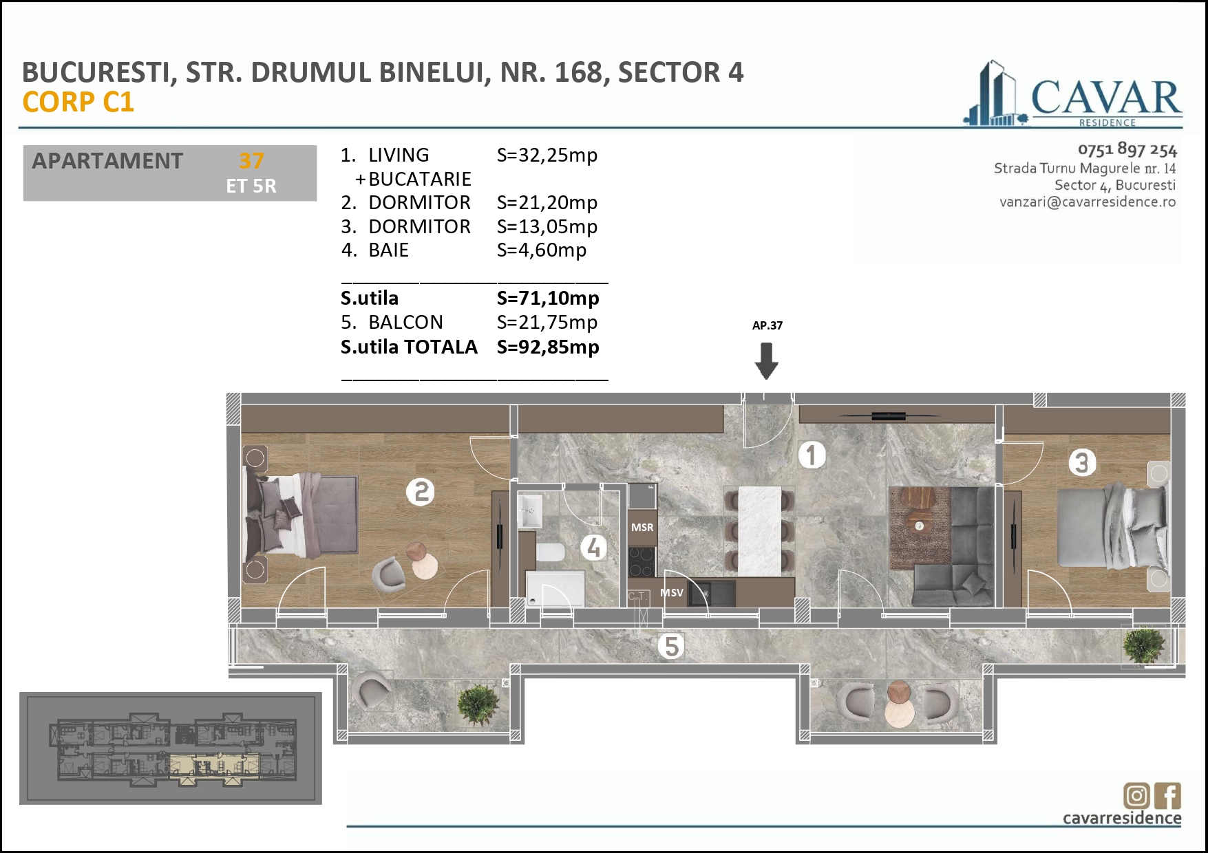 Apartament 3 camere Binelui 168 Corp C1