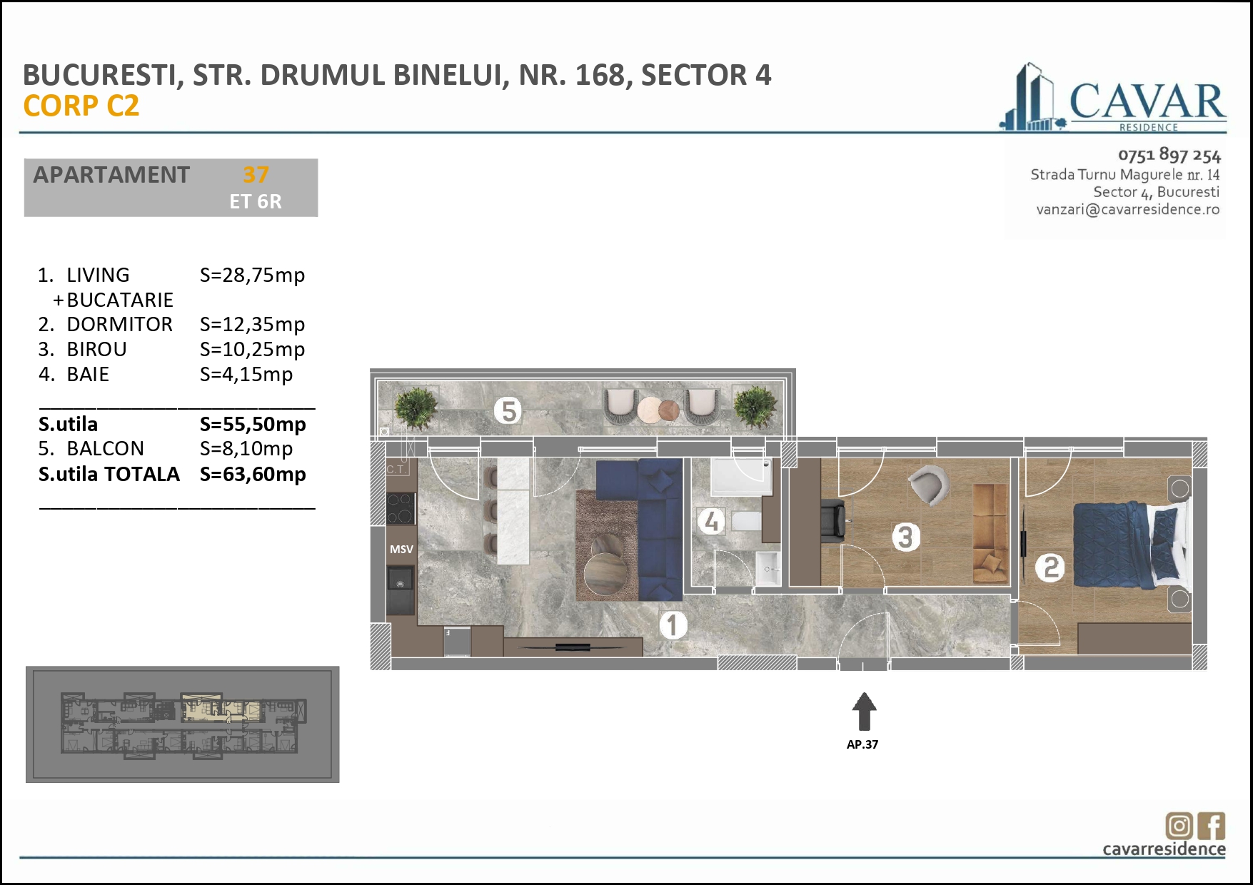 Apartament 3 camere Binelui 168 Corp C2