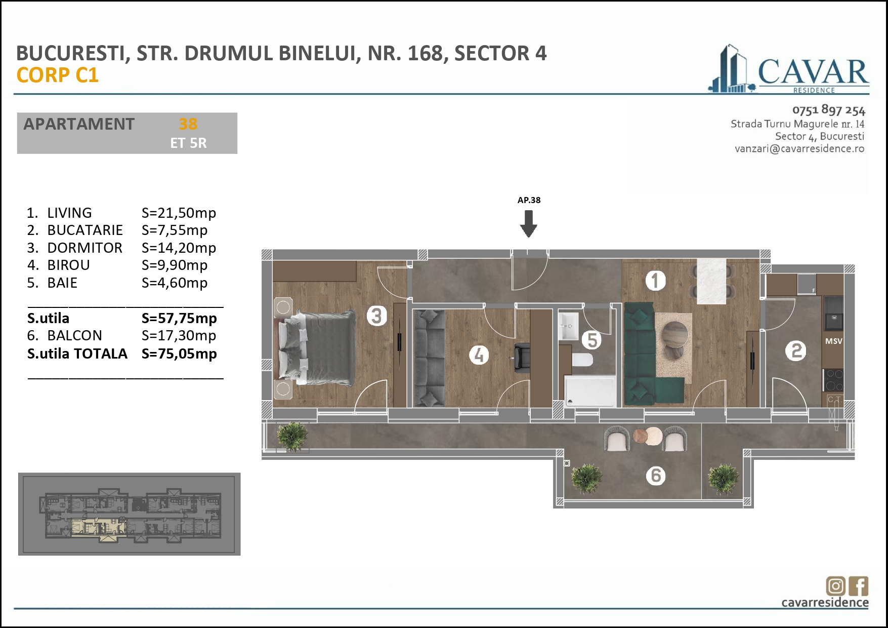 Apartament 3 camere Binelui 168 Corp C1