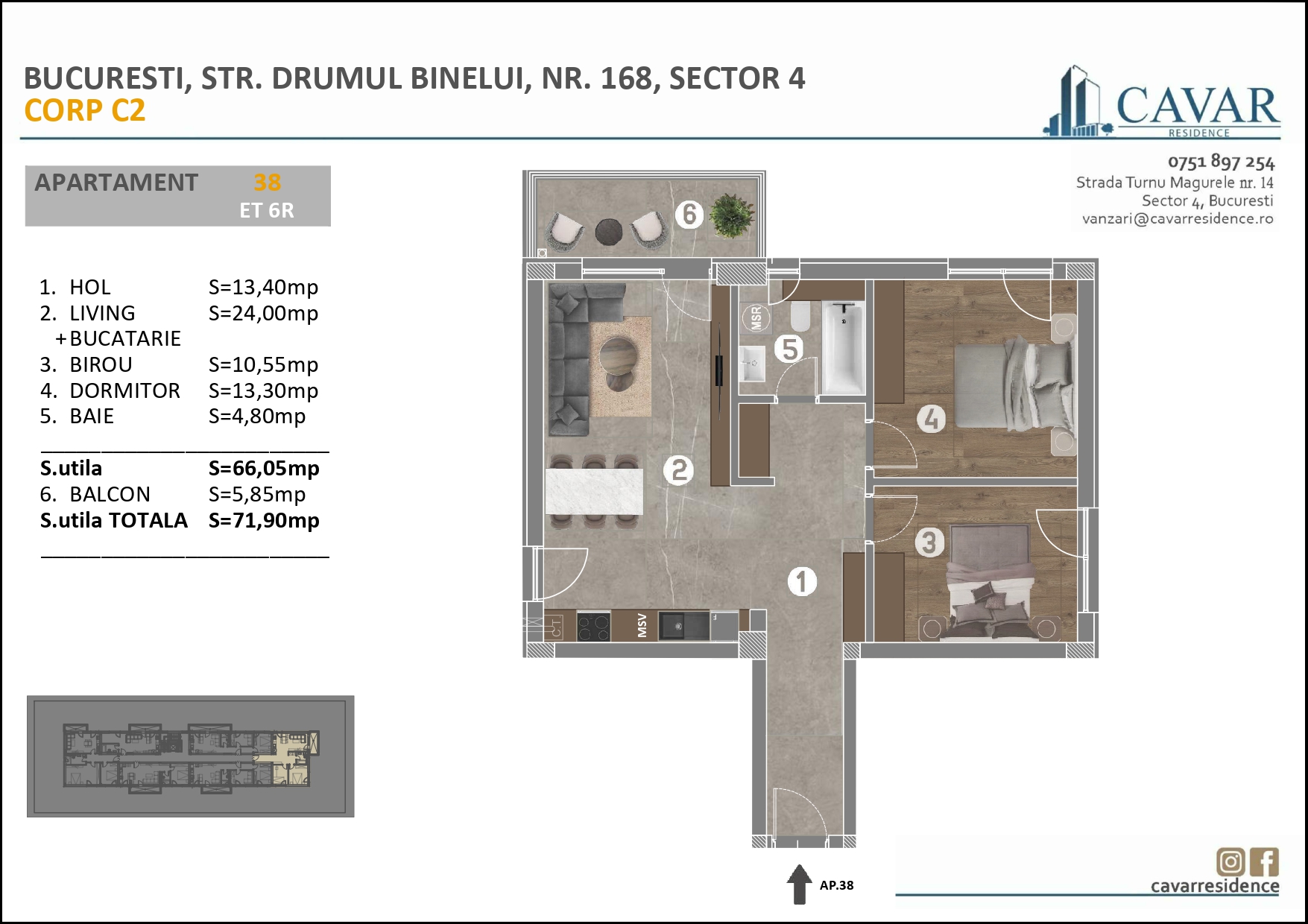 Apartament 3 camere Binelui 168 Corp C2