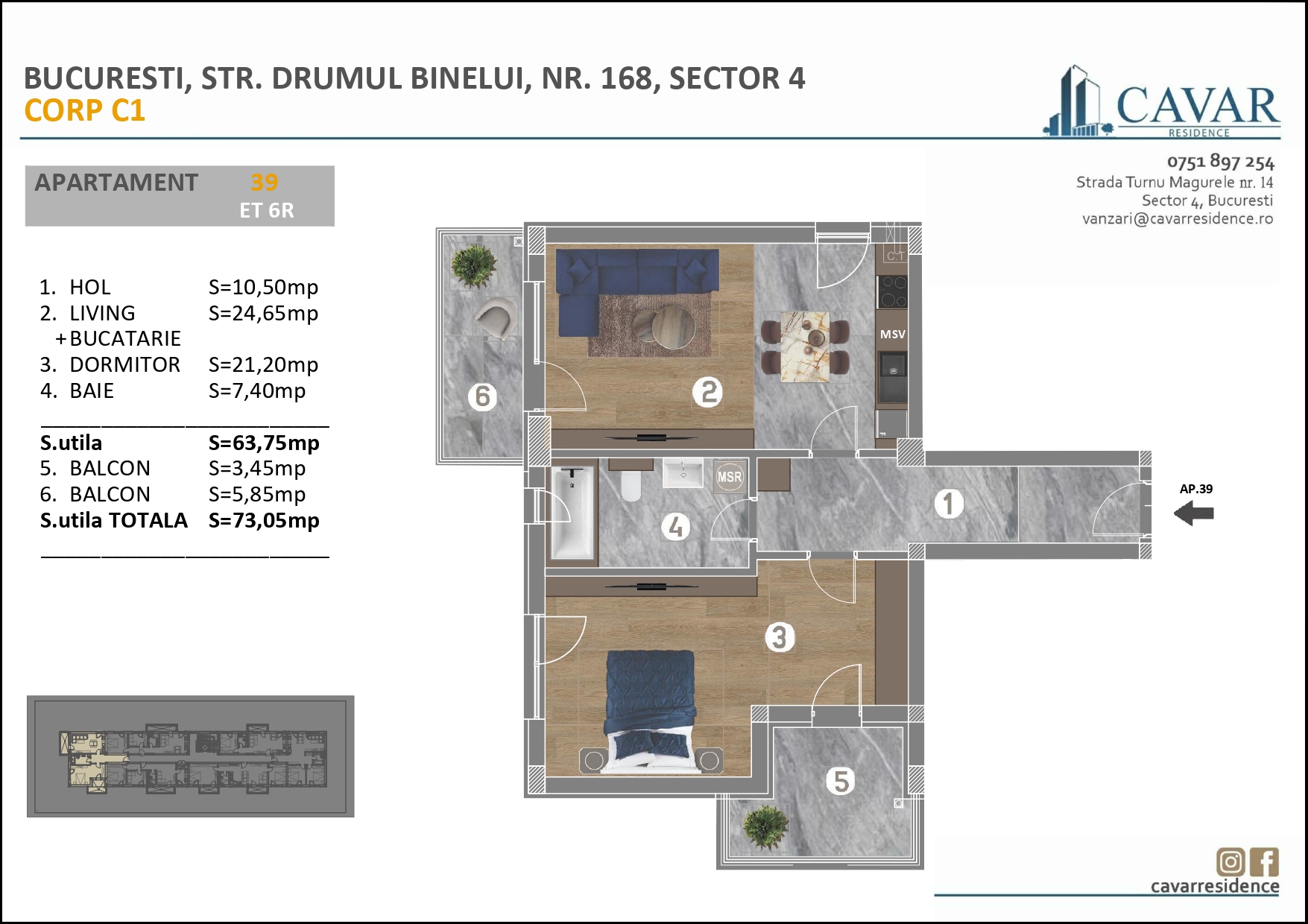 Apartament 2 camere Binelui 168 Corp C1