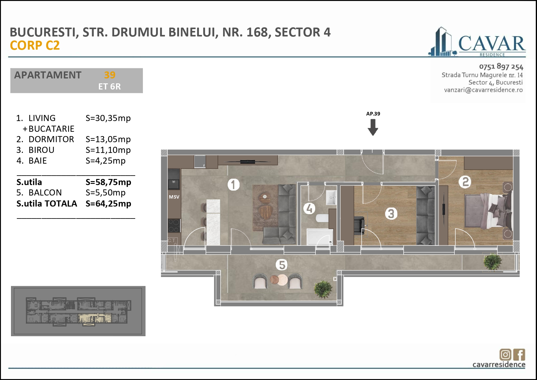 Apartament 3 camere Binelui 168 Corp C2