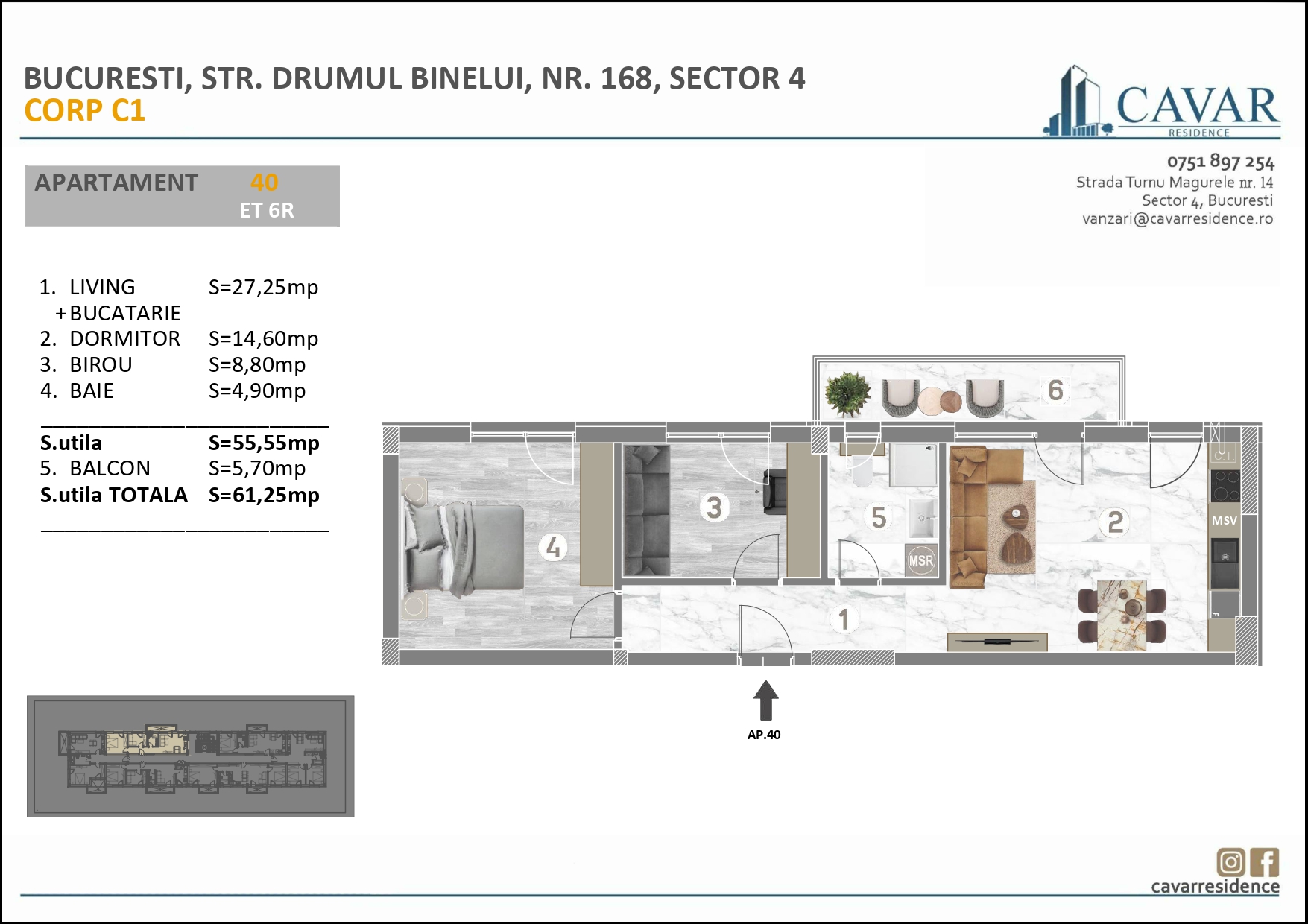 Apartament 3 camere Binelui 168 Corp C1