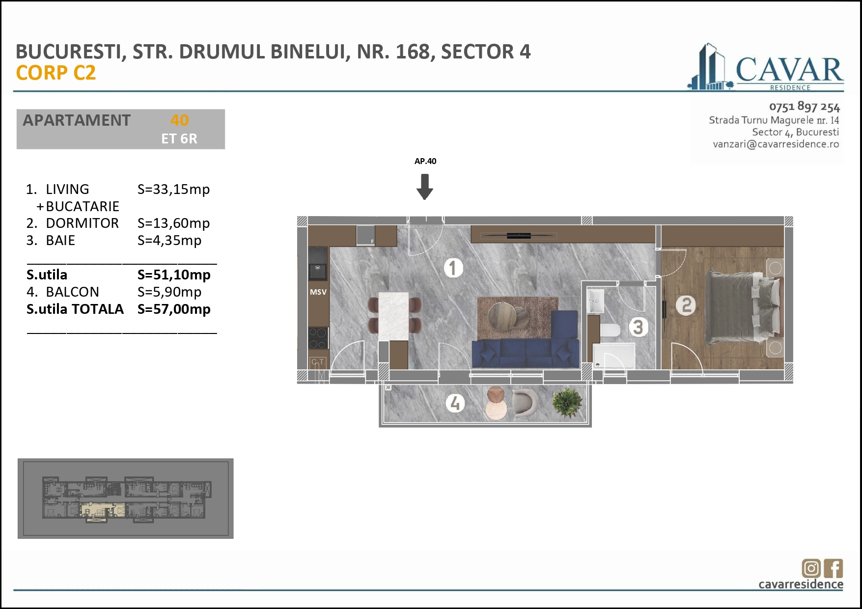 Apartament 2 camere Binelui 168 Corp C2