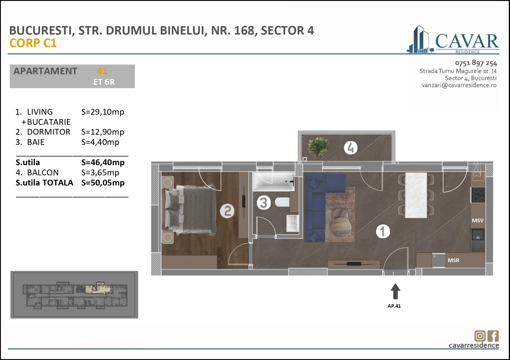 Apartament 2 camere Binelui 168 Corp C1