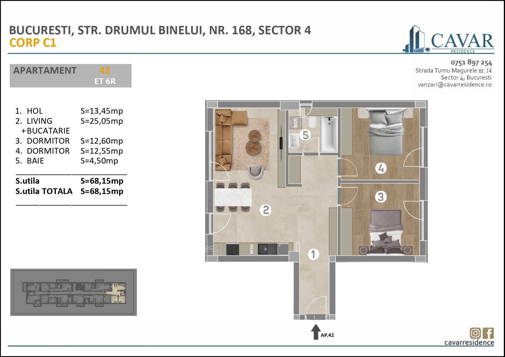 Apartament 3 camere Binelui 168 Corp C1