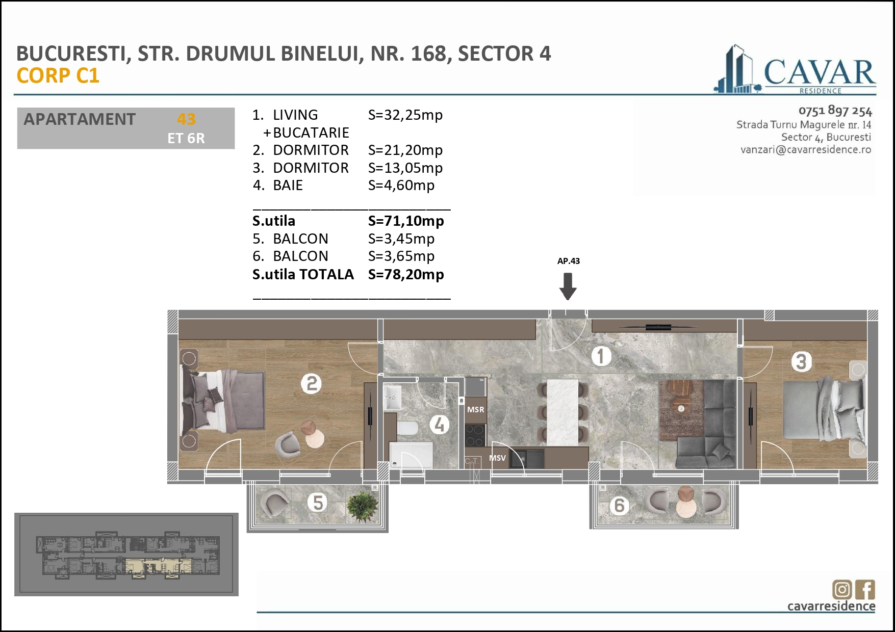 Apartament 3 camere Binelui 168 Corp C1
