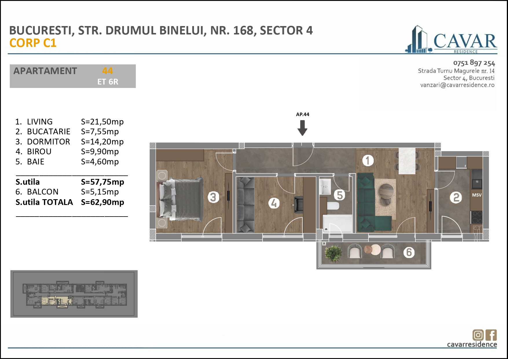 Apartament 3 camere Binelui 168 Corp C1