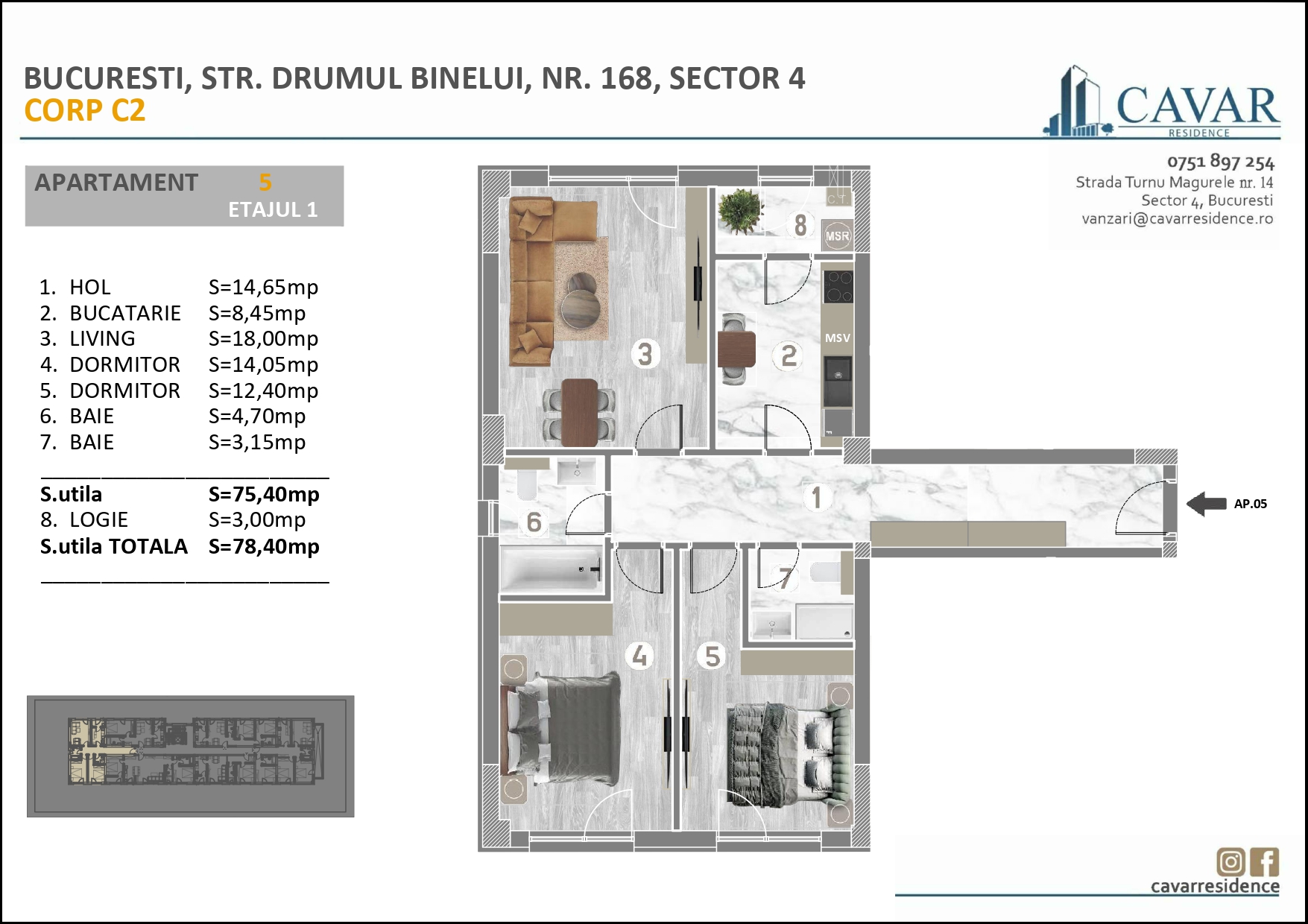 Apartament 3 camere Binelui 168 Corp C2