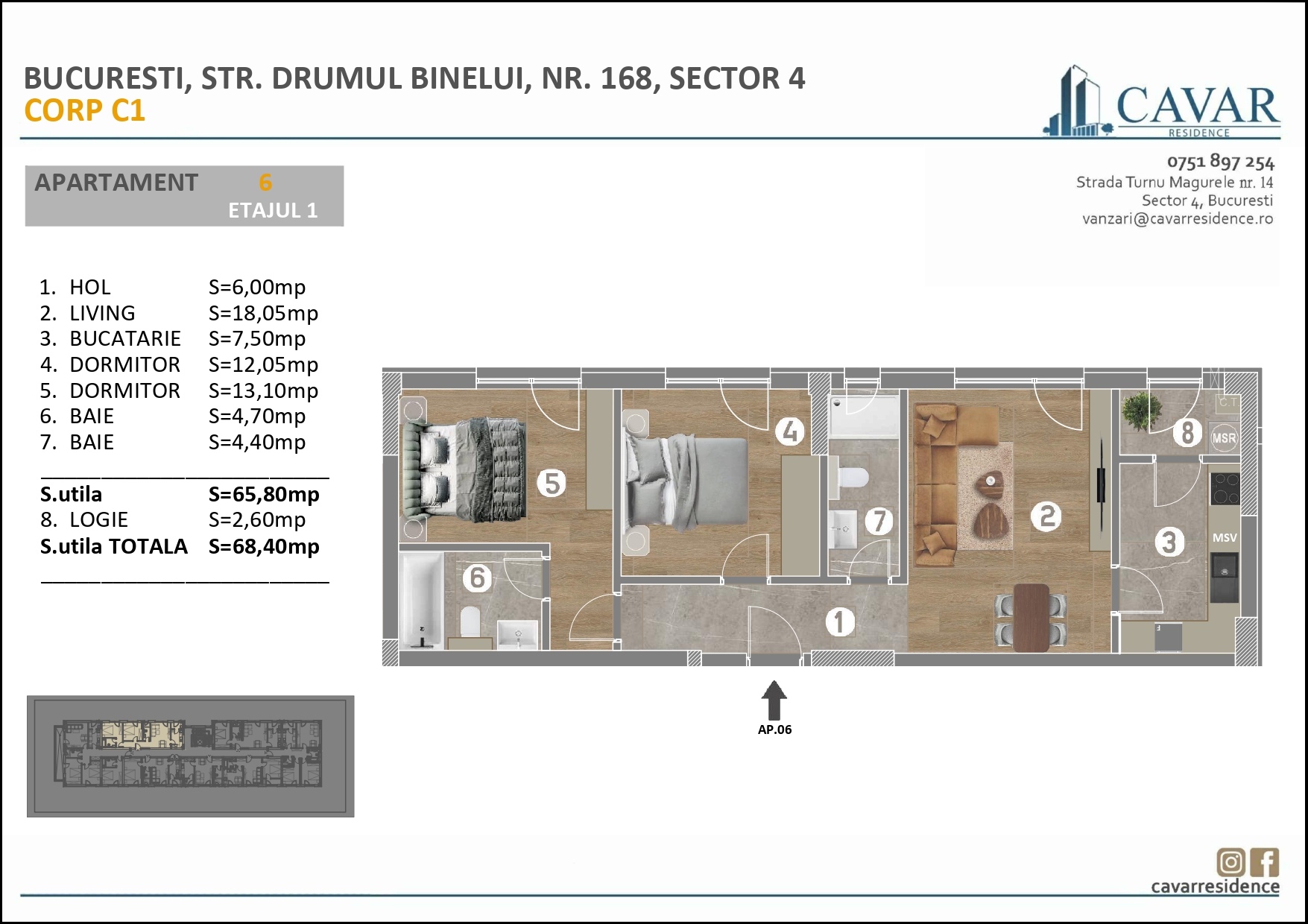 Apartament 3 camere Binelui 168 Corp C1