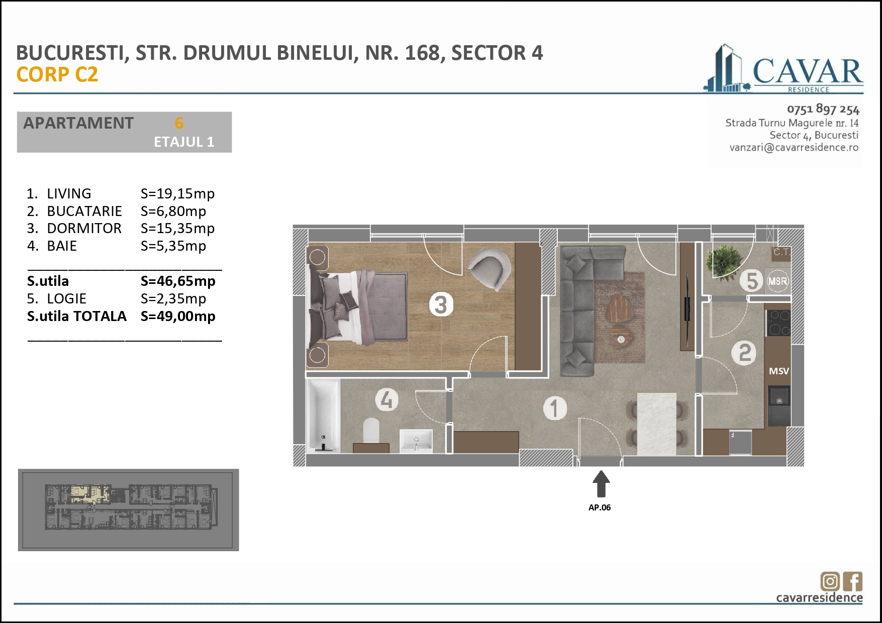 Apartament 2 camere Binelui 168 Corp C2