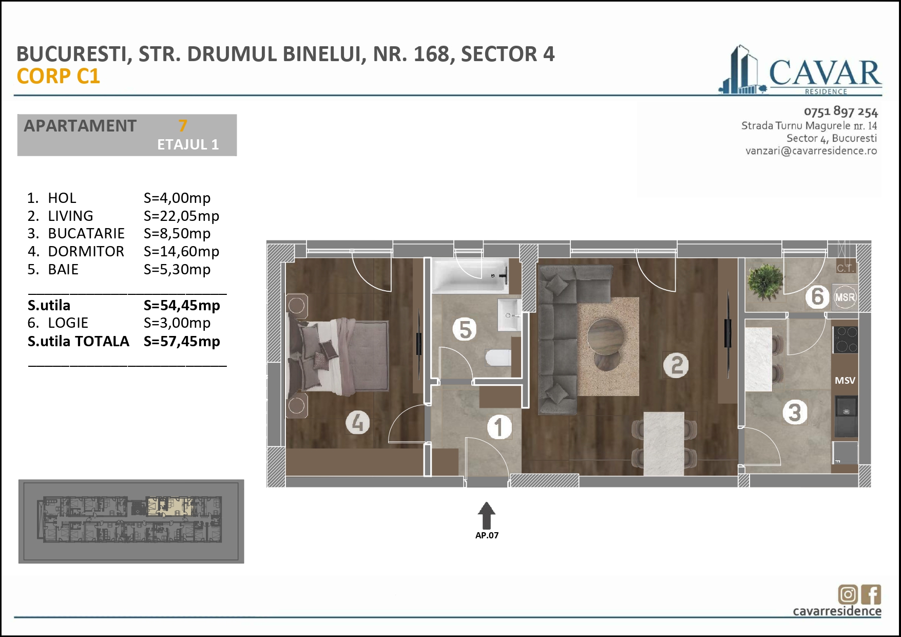 Apartament 2 camere Binelui 168 Corp C1