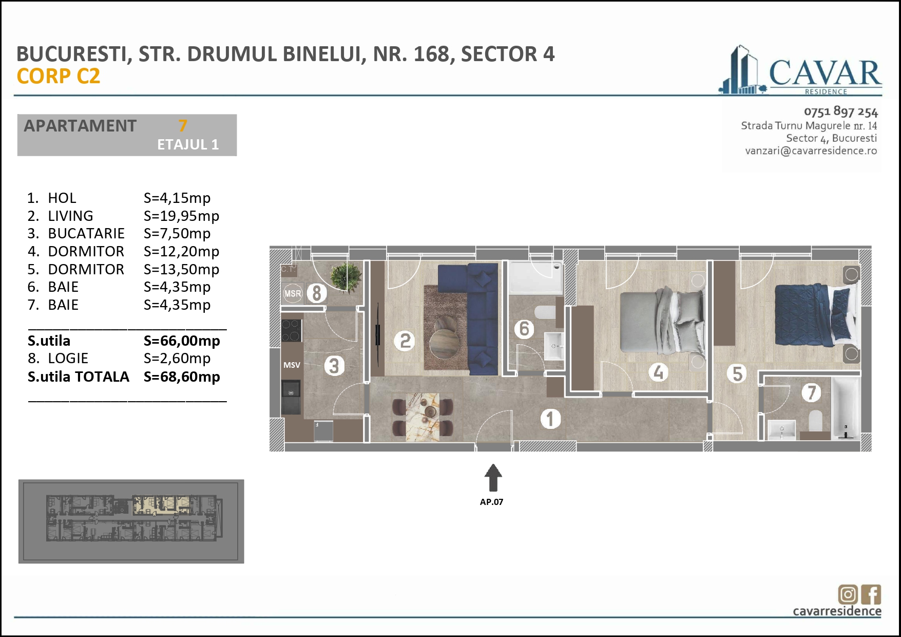 Apartament 3 camere Binelui 168 Corp C2