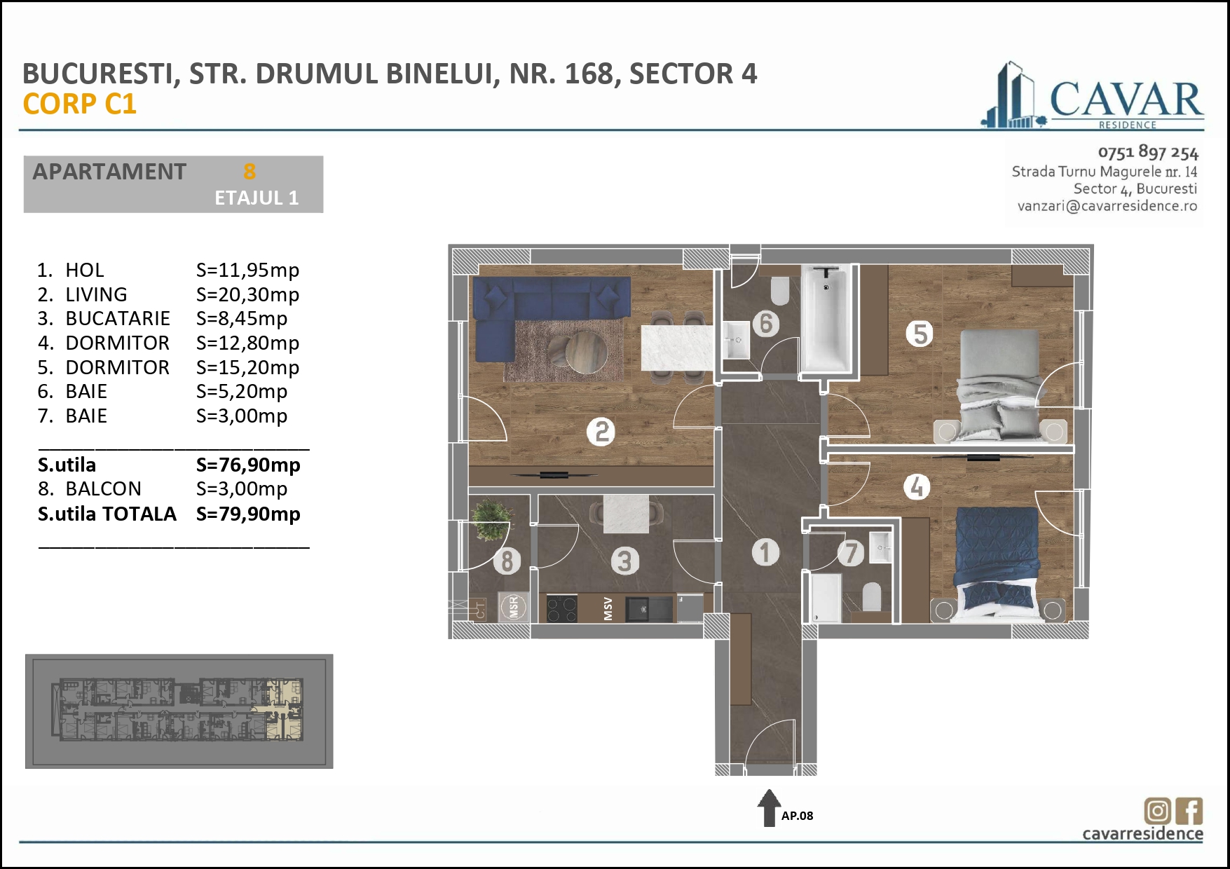 Apartament 3 camere Binelui 168 Corp C1