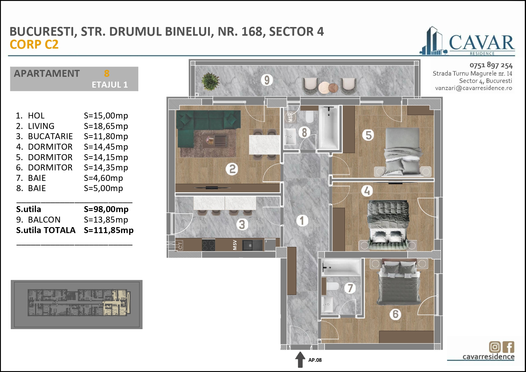 Apartament 4 camere Binelui 168 Corp C2