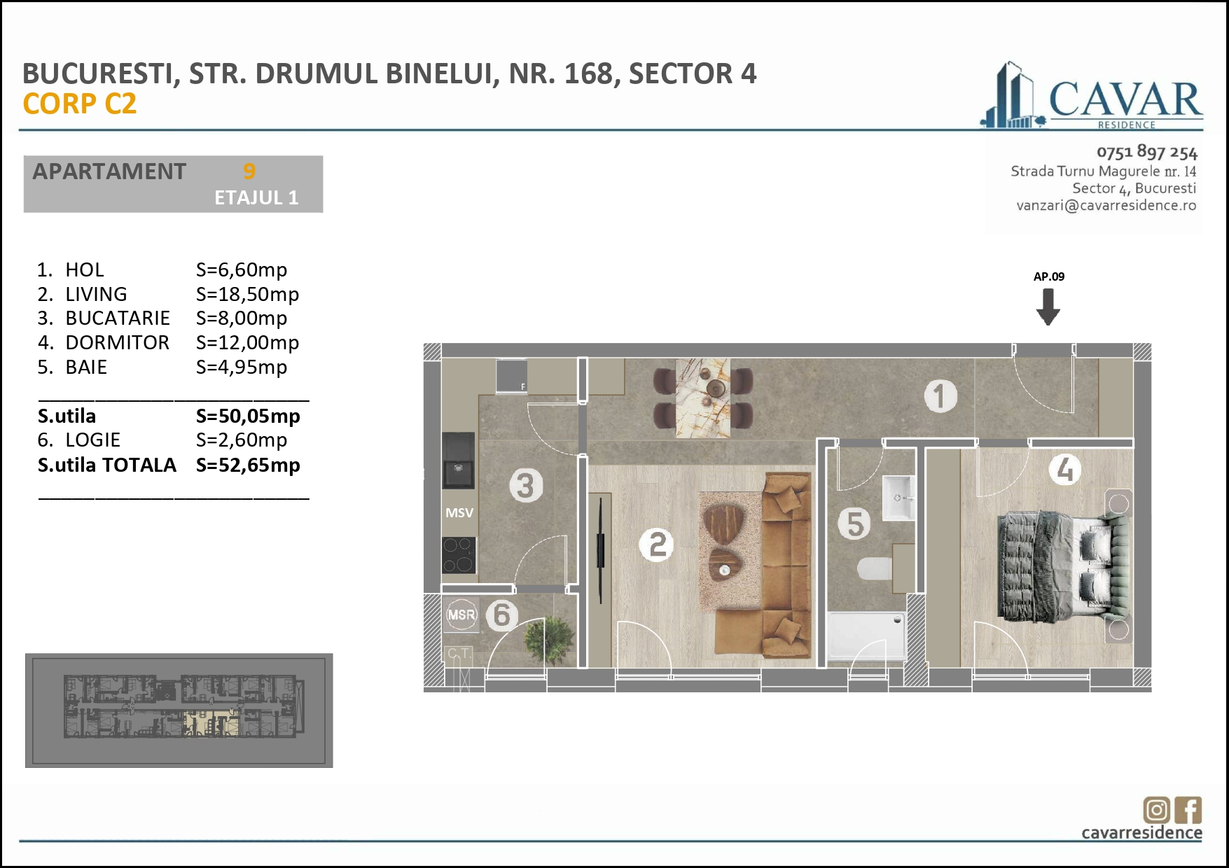 Apartament 2 camere Binelui 168 Corp C2