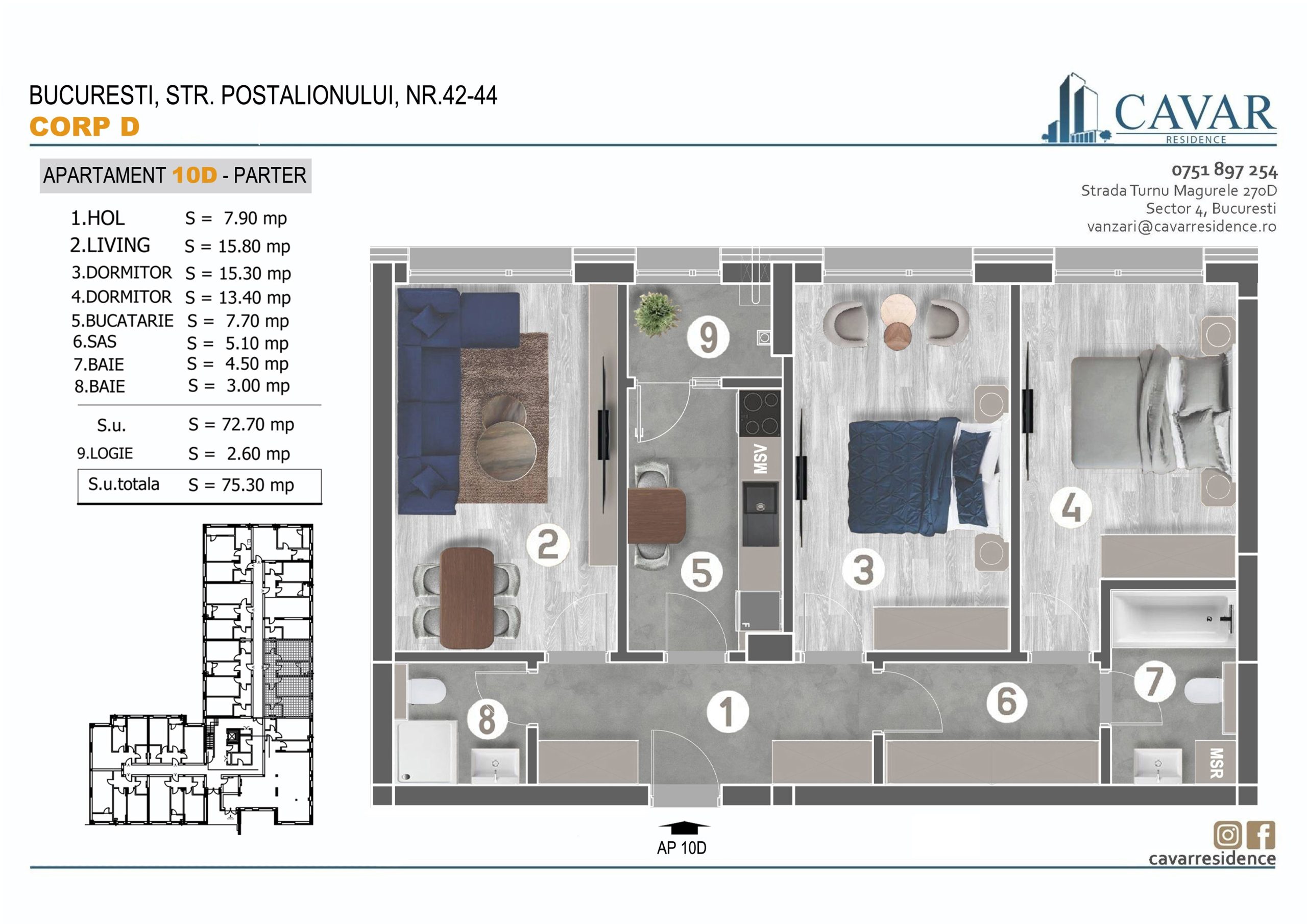 Apartament 3 camere Postalionului 42-44 Corp D