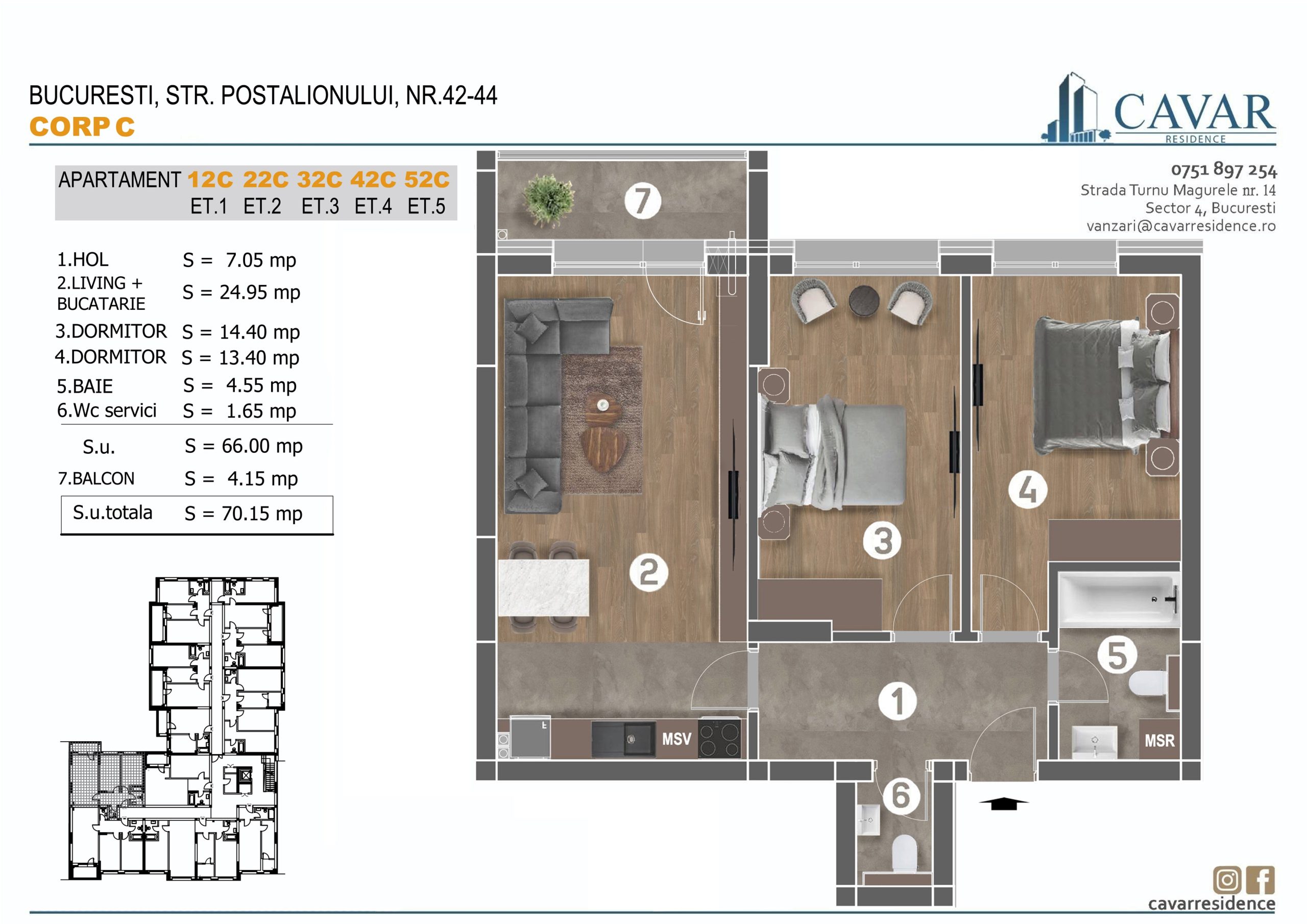 Apartament 3 camere Postalionului 42-44 Corp C