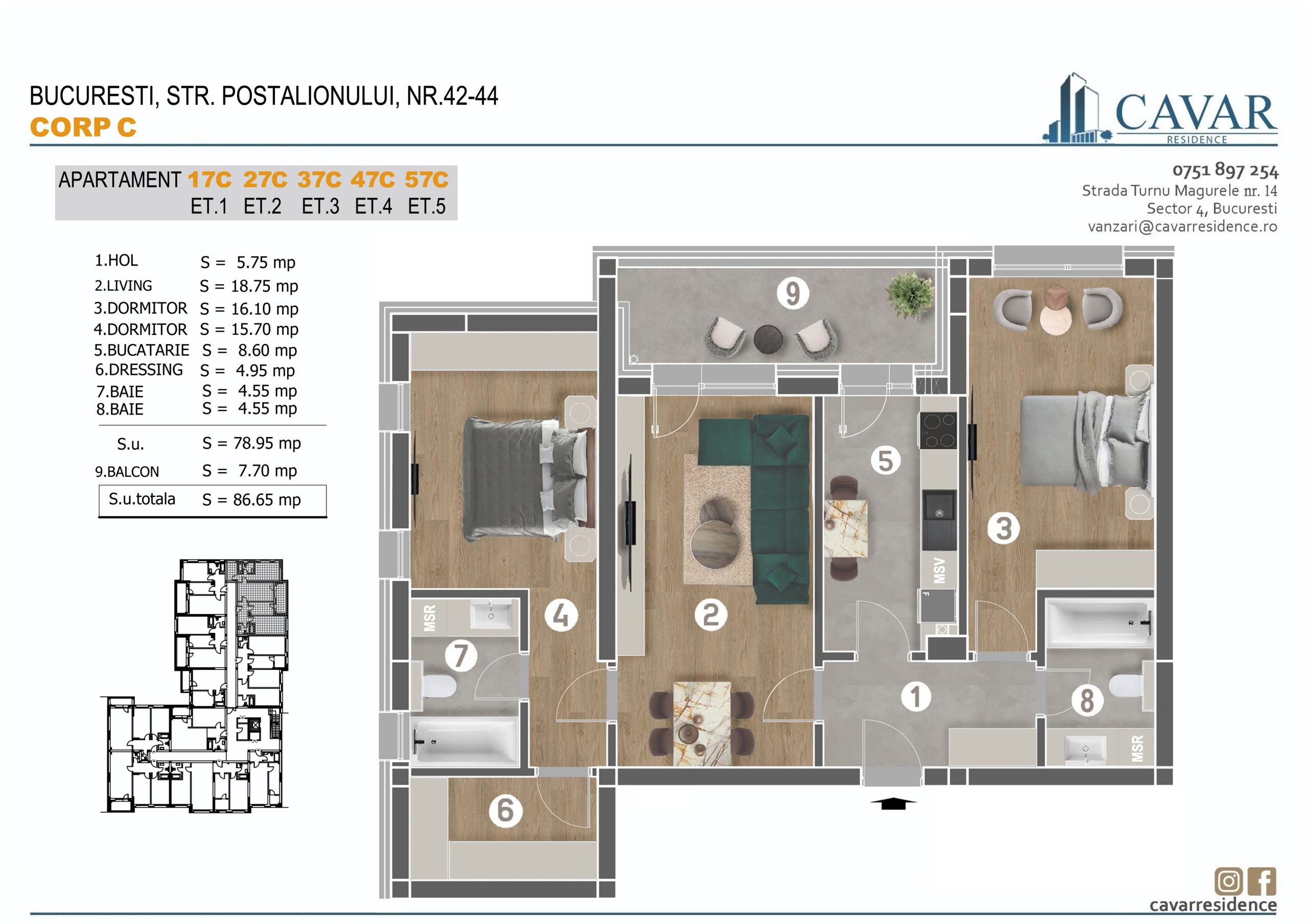 Apartament 3 camere Postalionului 42-44 Corp C