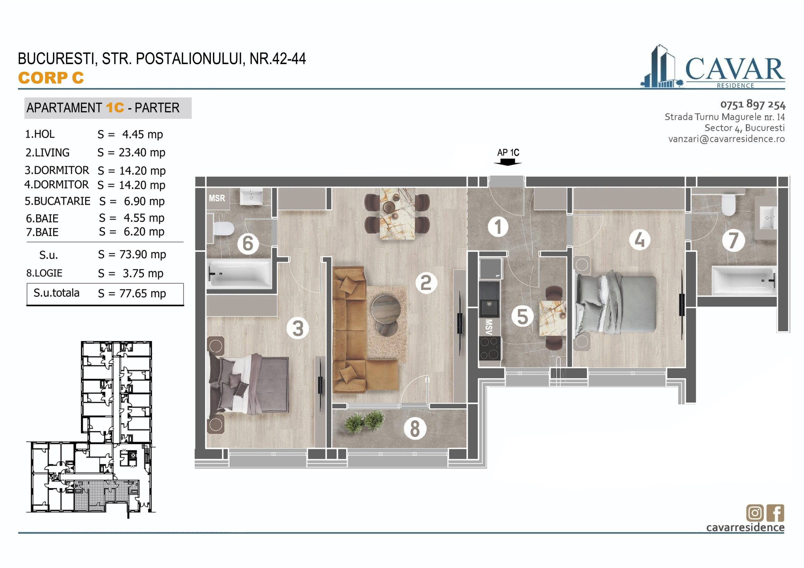 Apartament 3 camere Postalionului 42-44 Corp C