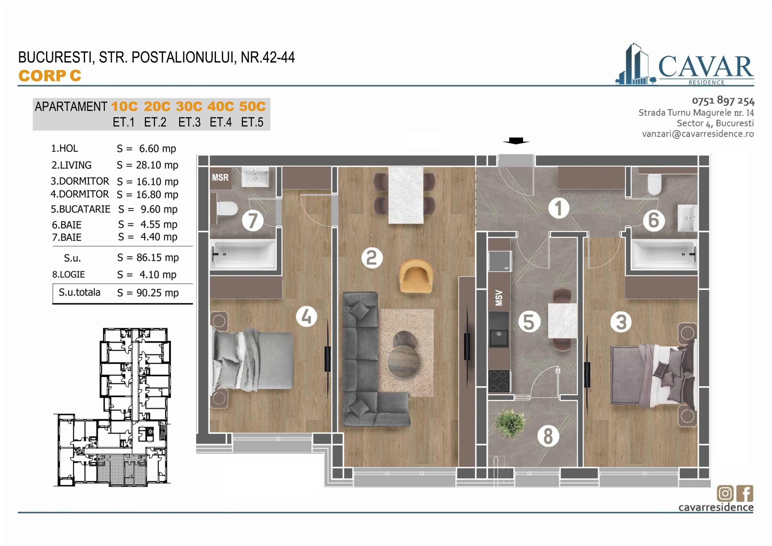 Apartament 3 camere Postalionului 42-44 Corp C