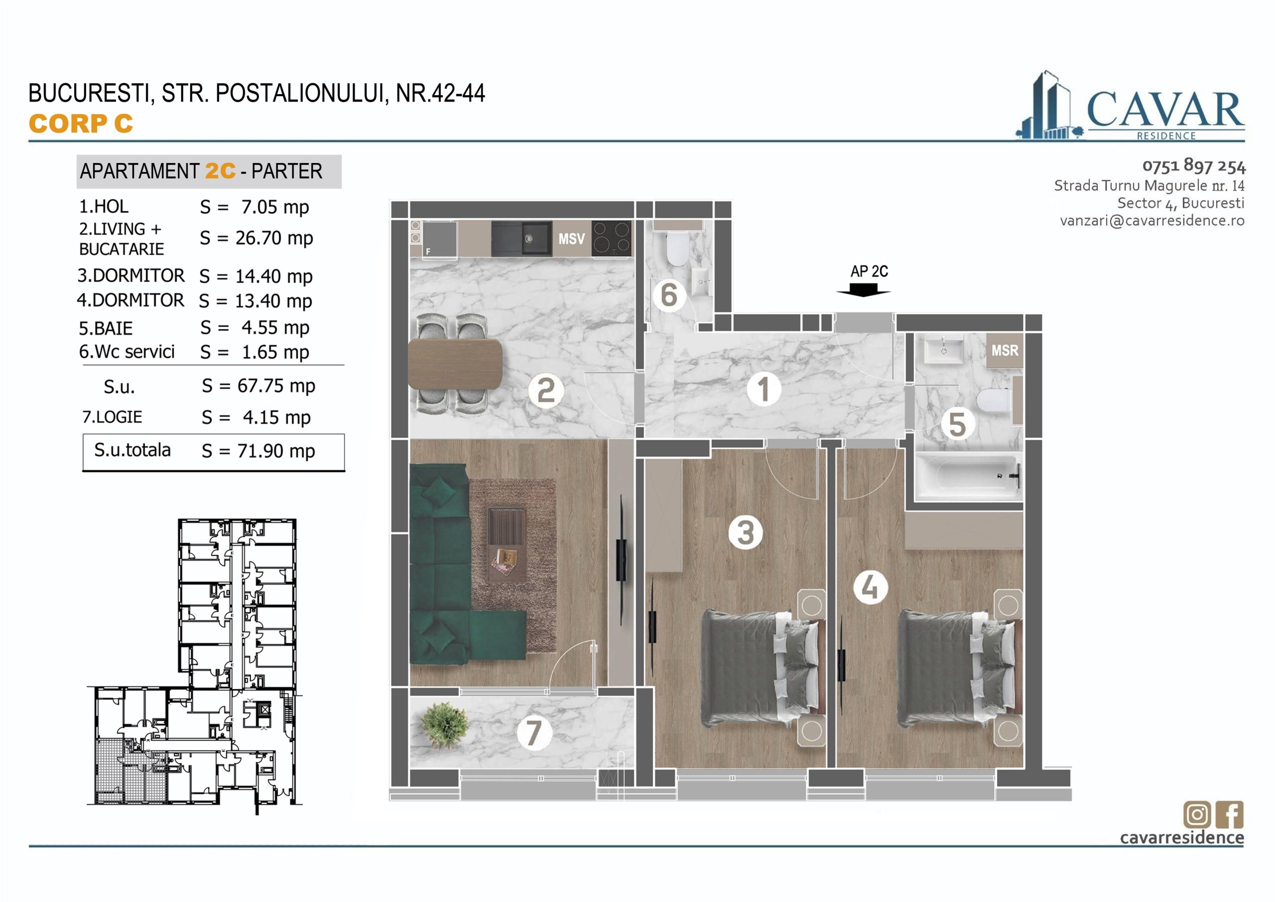 Apartament 3 camere Postalionului 42-44 Corp C