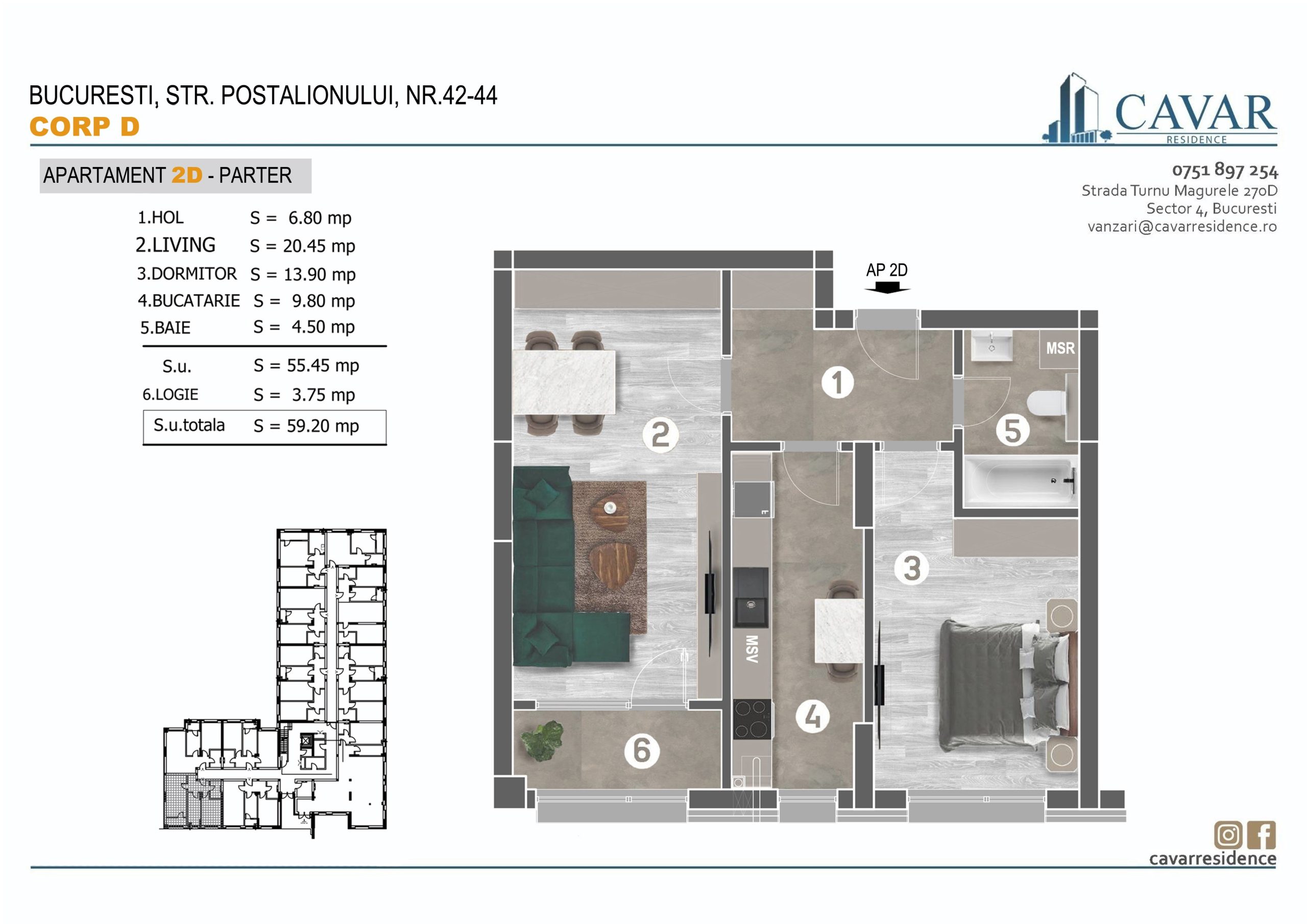 Apartament 2 camere Postalionului 42-44 Corp D