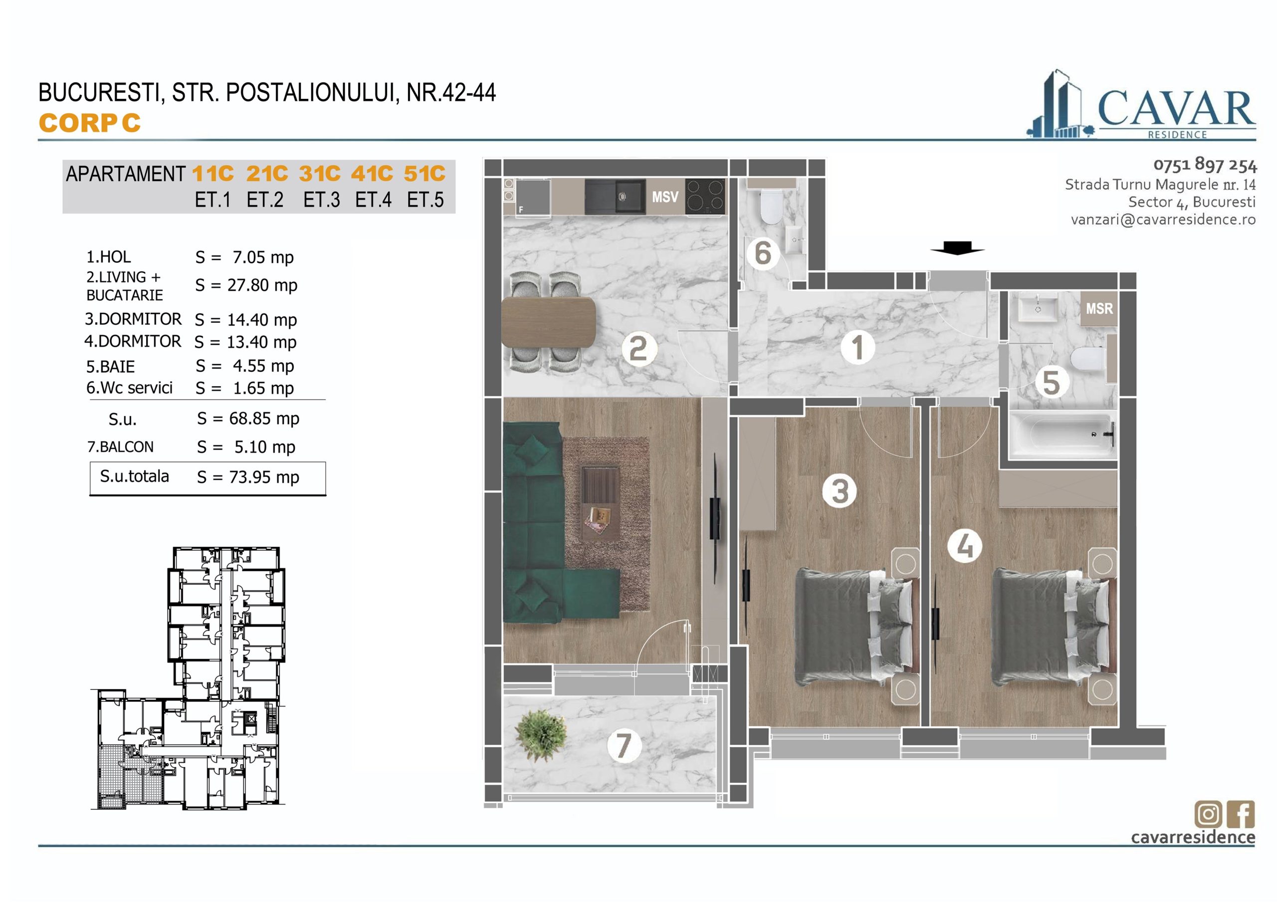 Apartament 3 camere Postalionului 42-44 Corp C